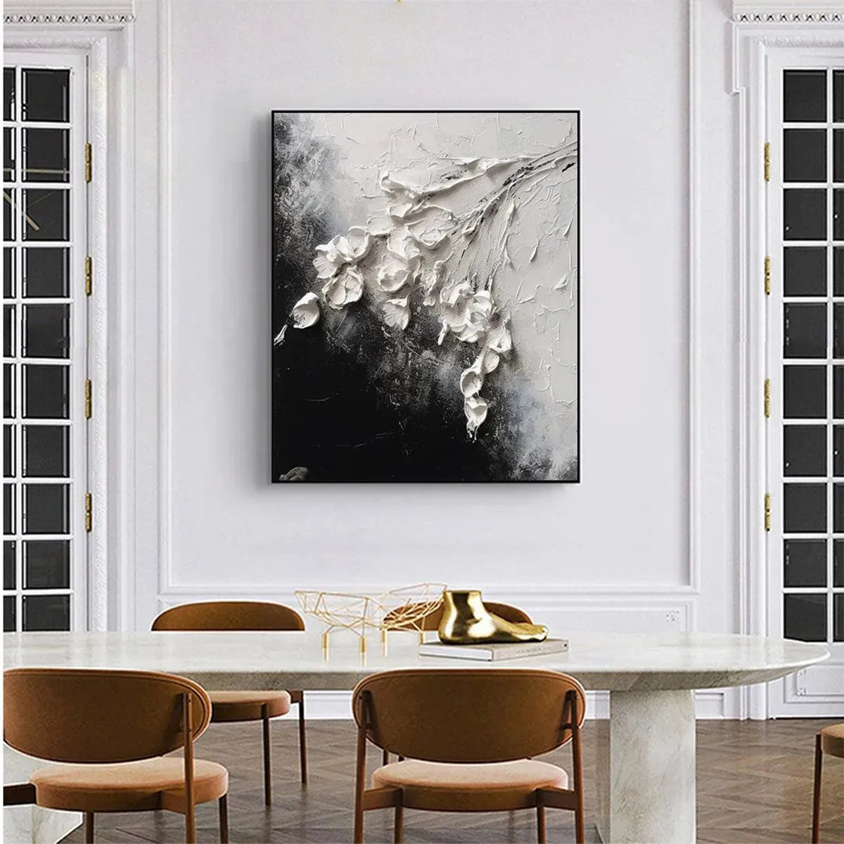 WHITE FLORAL IMPASTO: Textured Floral Painting, Square Wall Art