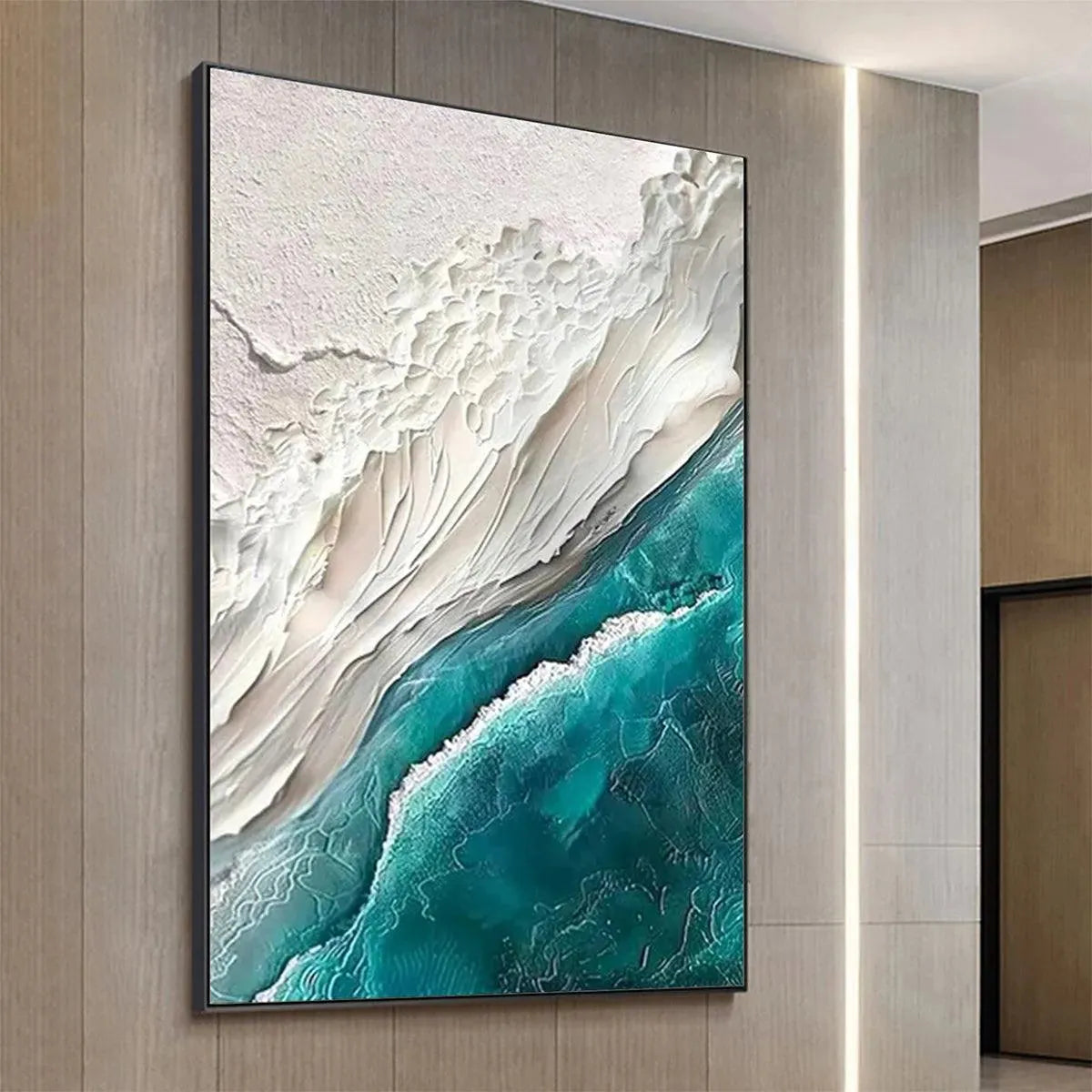 AZURE DREAM: Textured Abstract Seascape, Teal and White Wall Art, Vertical Canvas, Coastal Decor
