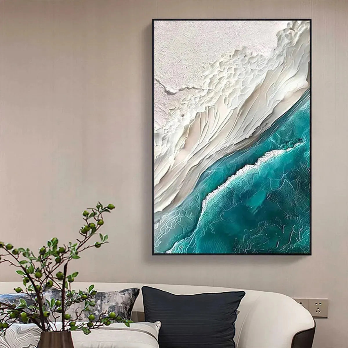 AZURE DREAM: Textured Abstract Seascape, Teal and White Wall Art, Vertical Canvas, Coastal Decor