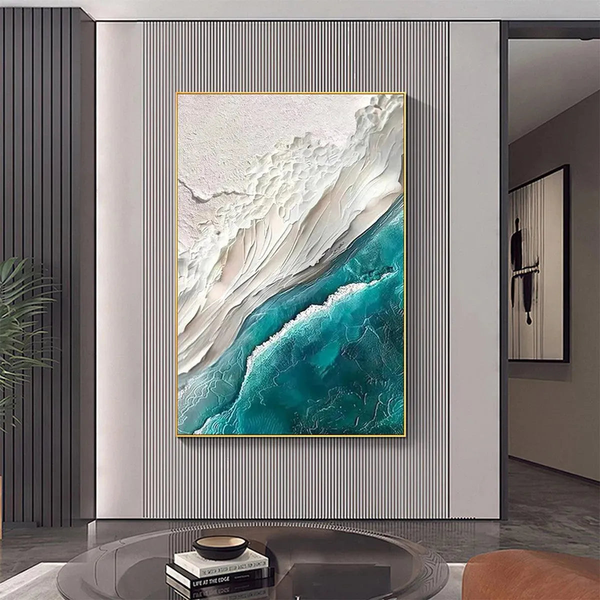 AZURE DREAM: Textured Abstract Seascape, Teal and White Wall Art, Vertical Canvas, Coastal Decor