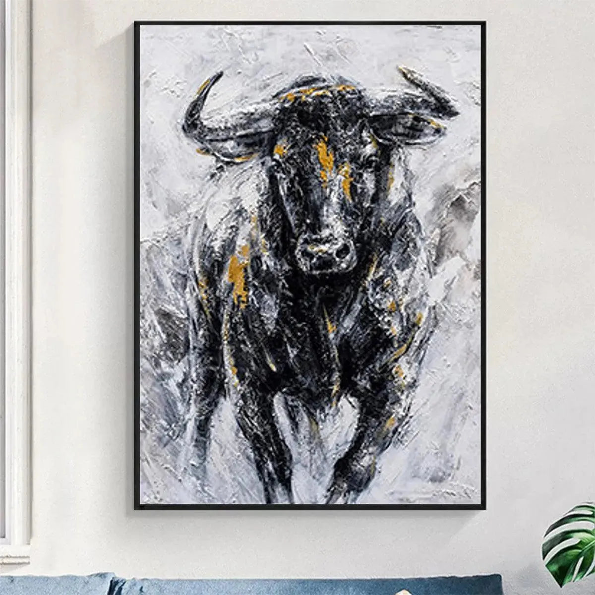 CHARGING BULL: Textured Bull Painting, Vertical Wall Art