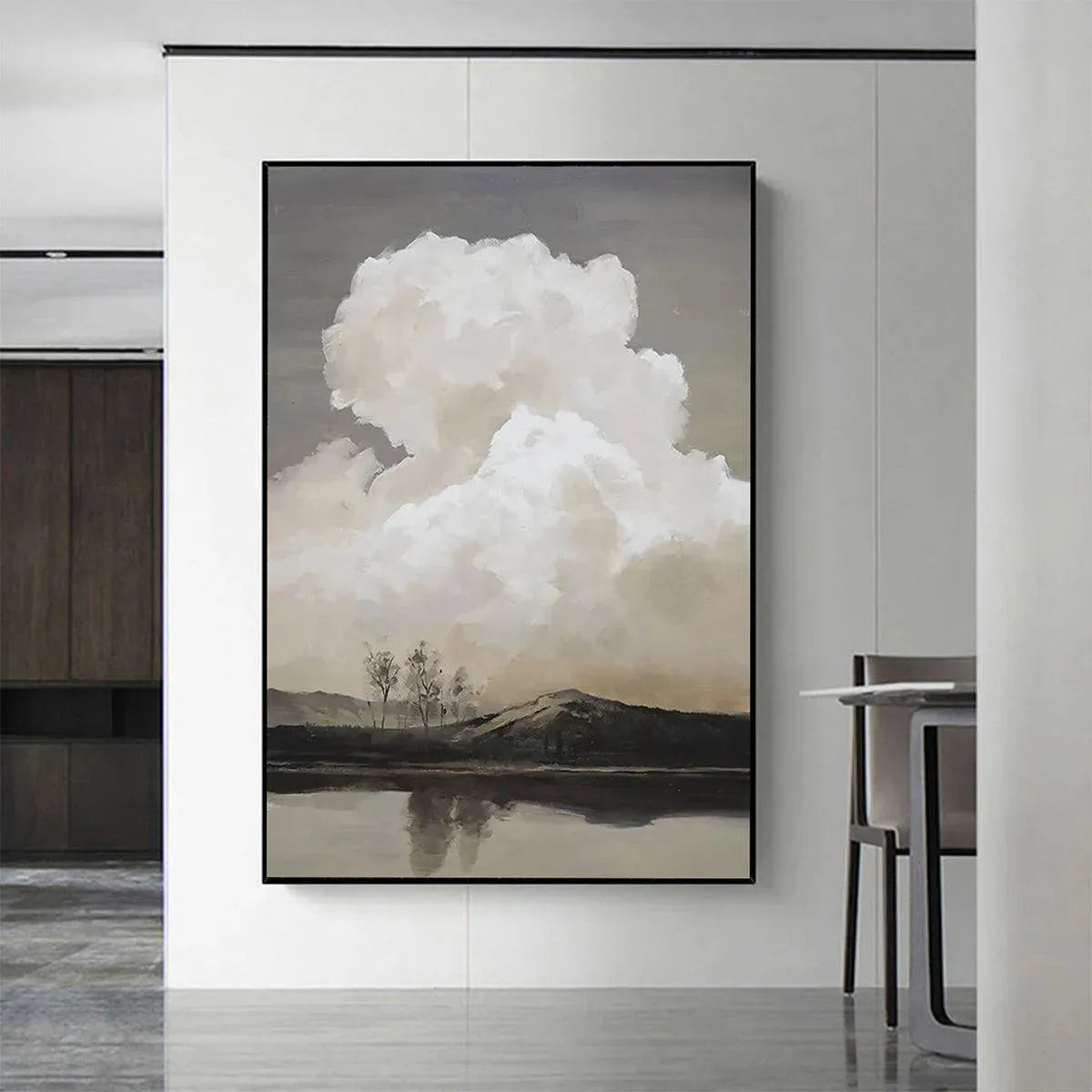 CLOUDY LANDSCAPE: Muted Landscape Painting, Vertical Wall Art