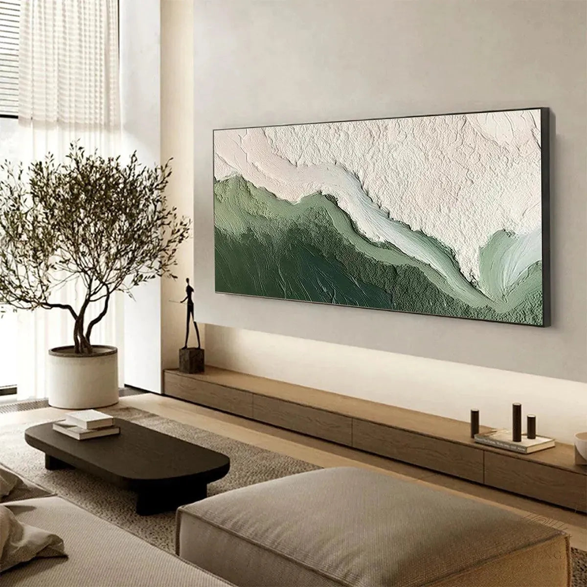 EMERALD FLOW: Textured Abstract Landscape Painting, Green and White Wall Art, Panoramic Canvas, Nature-Inspired Decor