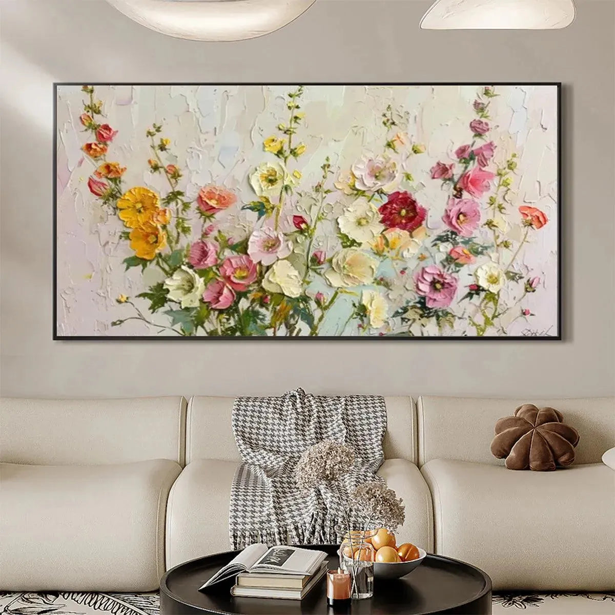 SUMMER BOUQUET: Textured Floral Painting, Impasto Wall Art, Panoramic Canvas, Colorful Decor
