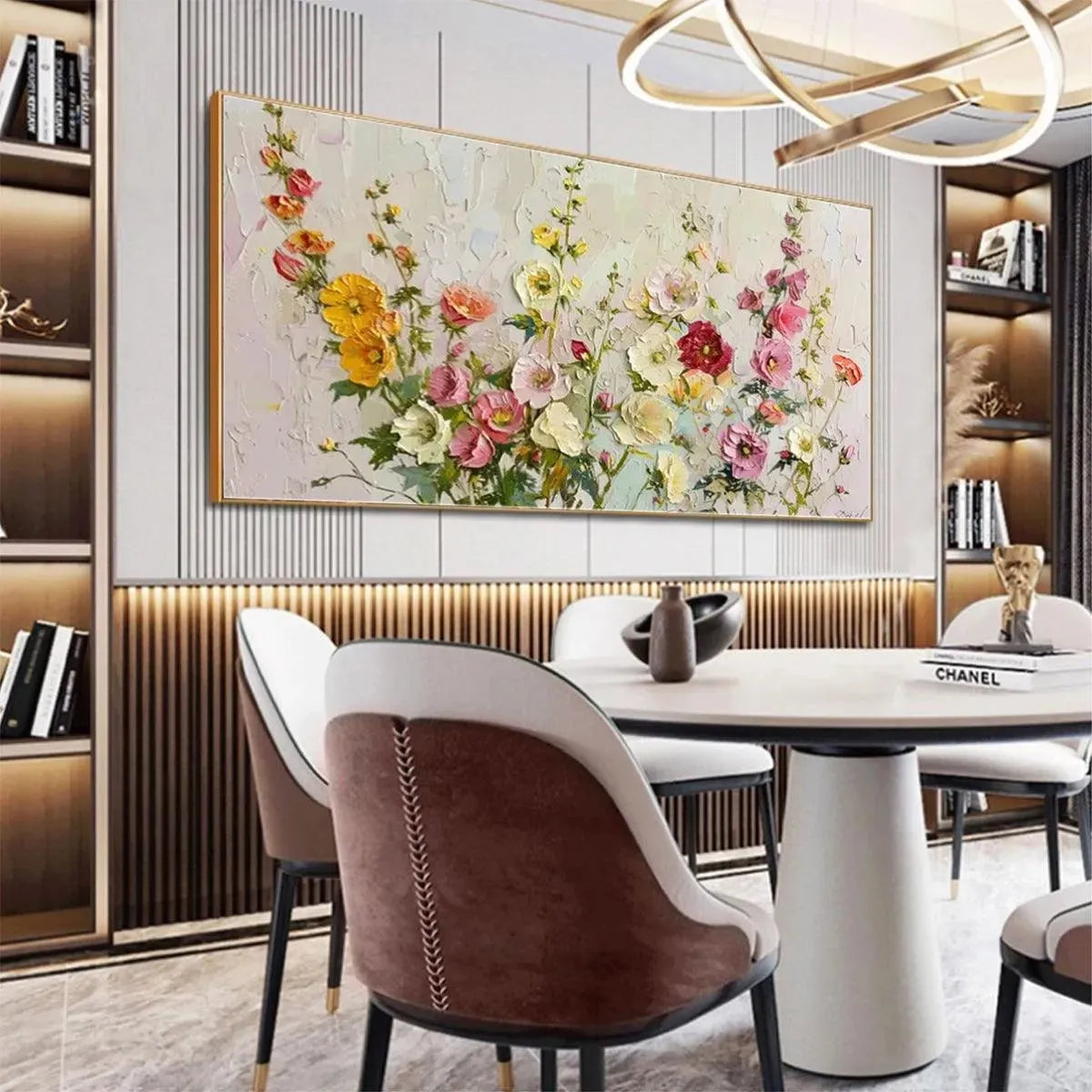 SUMMER BOUQUET: Textured Floral Painting, Impasto Wall Art, Panoramic Canvas, Colorful Decor