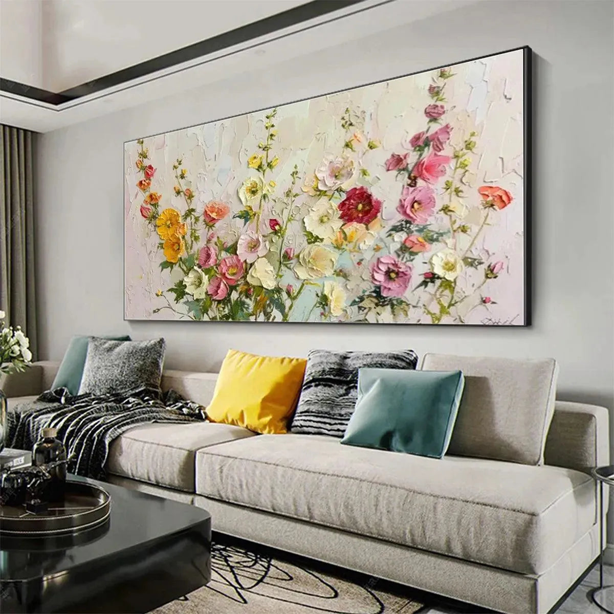 SUMMER BOUQUET: Textured Floral Painting, Impasto Wall Art, Panoramic Canvas, Colorful Decor