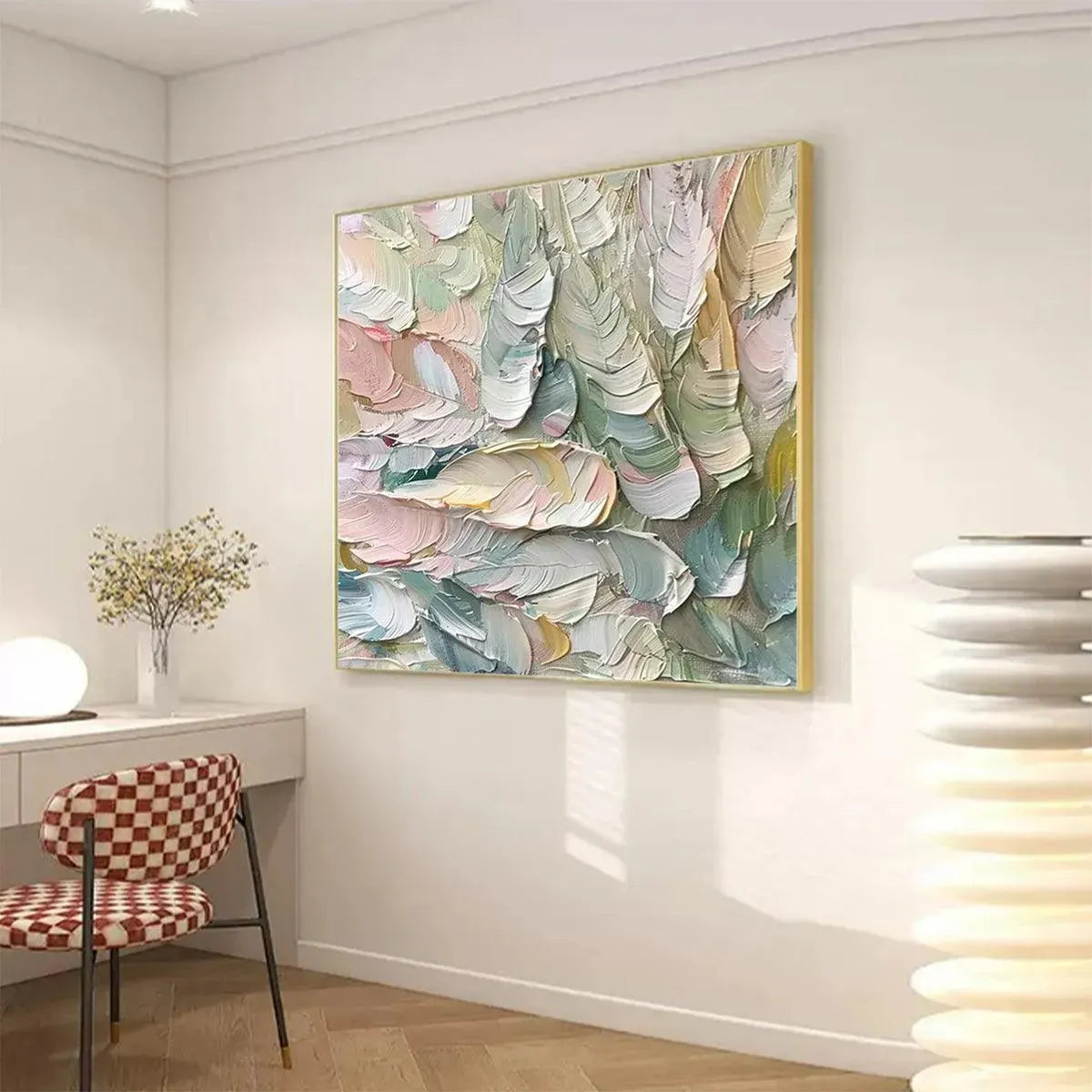 PASTEL FEATHERS: Textured Abstract Painting, Impasto Wall Art, Square Canvas, Dreamy Decor