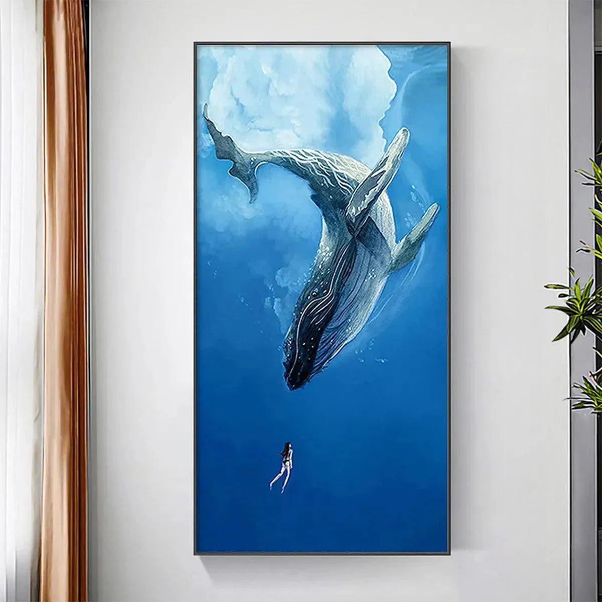 WHALE ENCOUNTER: Majestic Whale and Diver Painting, Vertical Wall Art