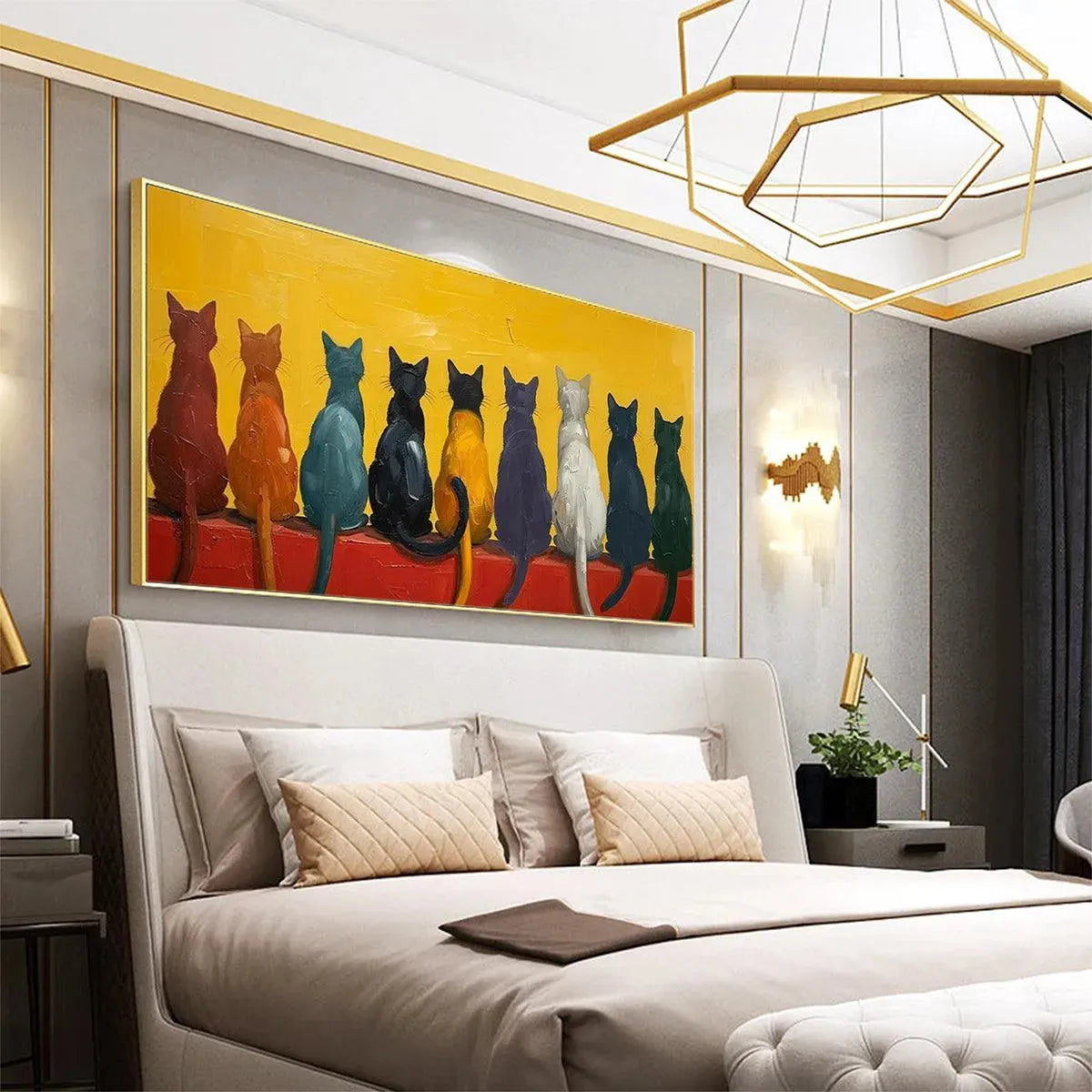 CATS IN A ROW: Whimsical Cat Painting, Textured Wall Art, Panoramic Canvas, Pet Decor