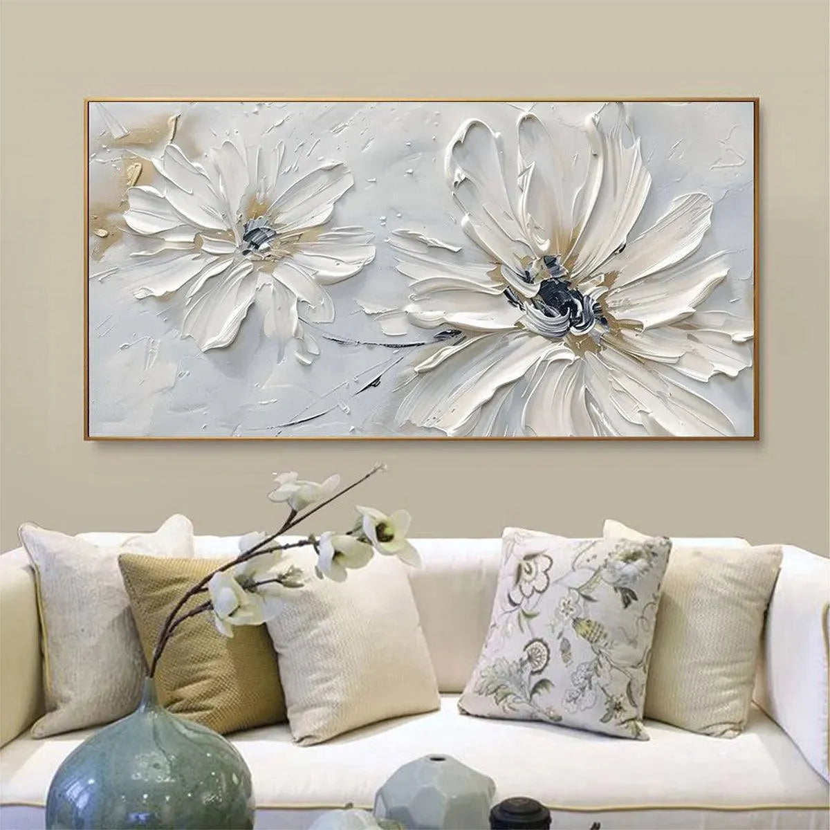 WHITE BLOSSOM SERENITY: Textured White Floral Painting, Horizontal Wall Art
