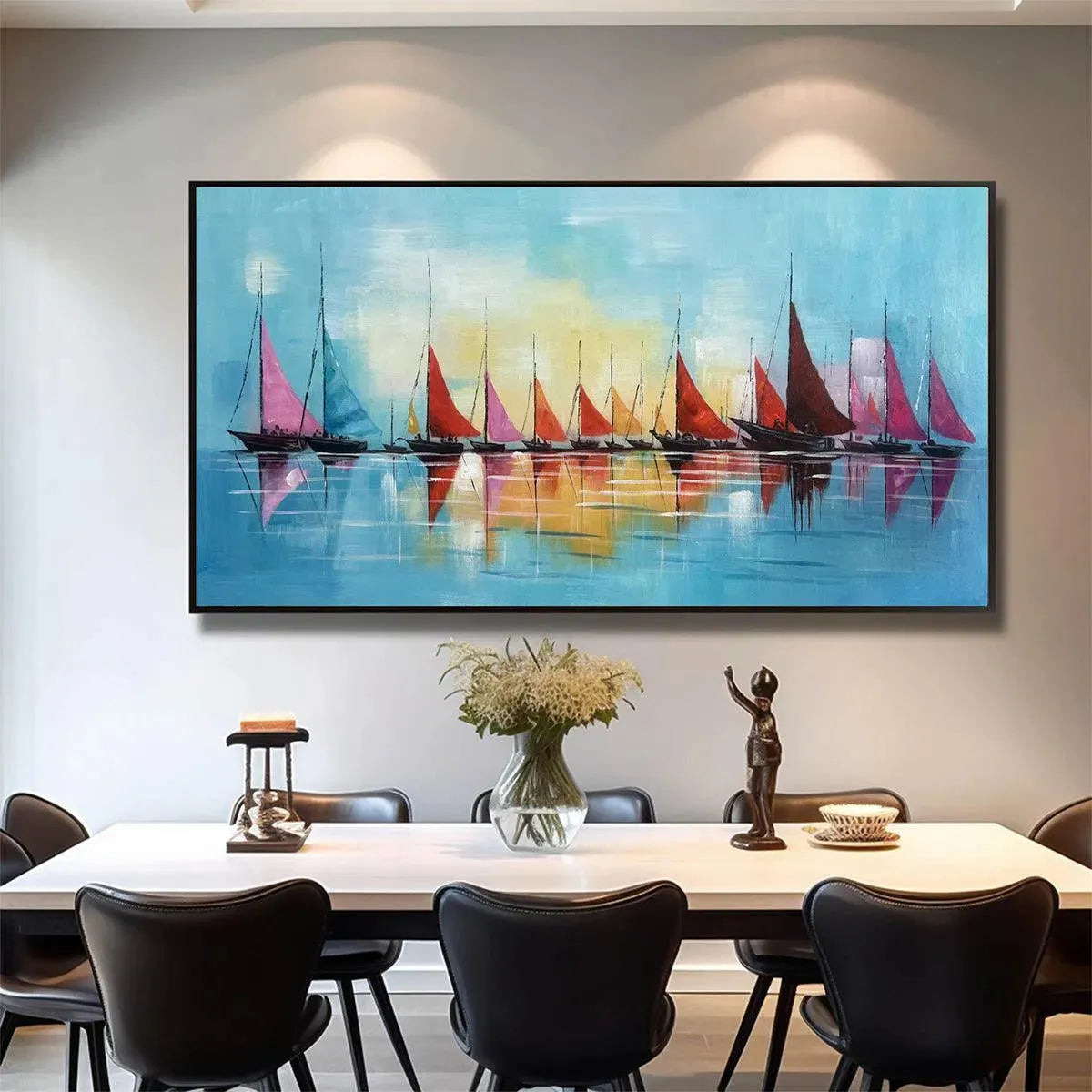 REGATTA: Colorful Sailboats Painting, Blue and Orange Wall Art, Horizontal Canvas, Coastal Decor
