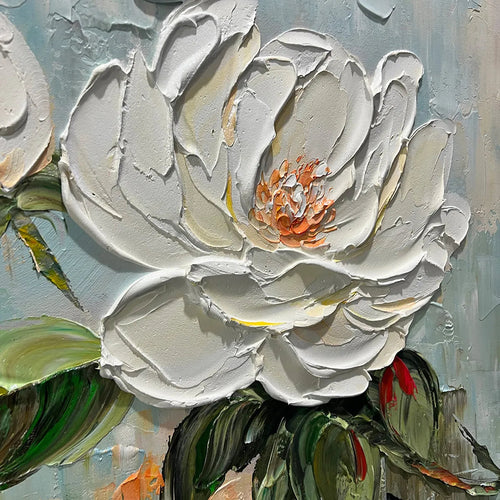 BLOSSOM'S GRACE: Textured Impasto Magnolia Painting on Square Canvas