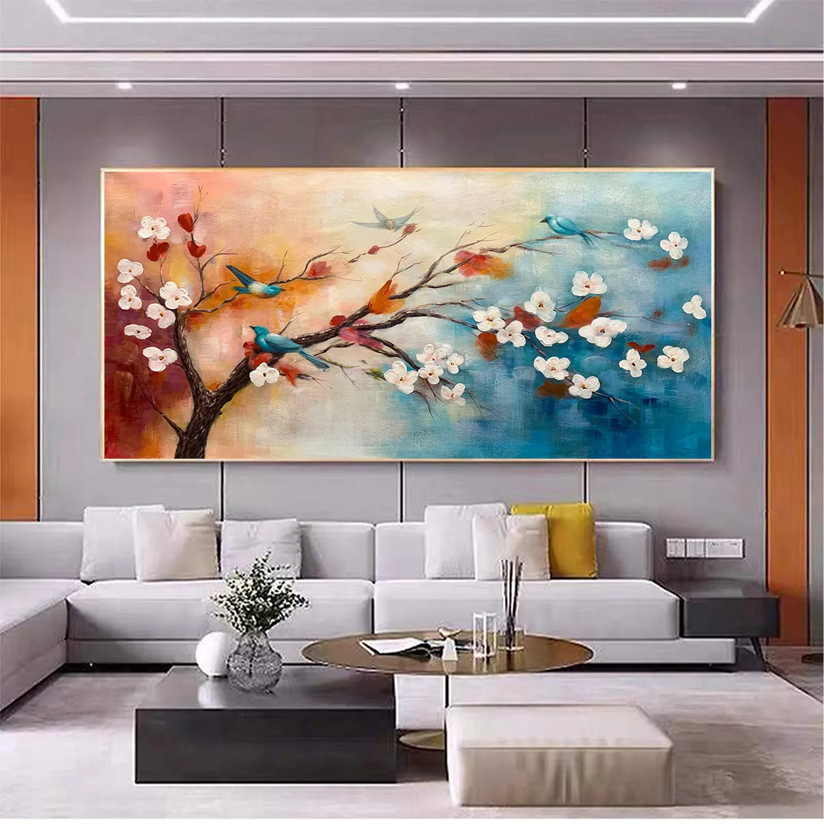 SPRING MELODY: Panoramic Blossom Tree Painting with Colorful Birds
