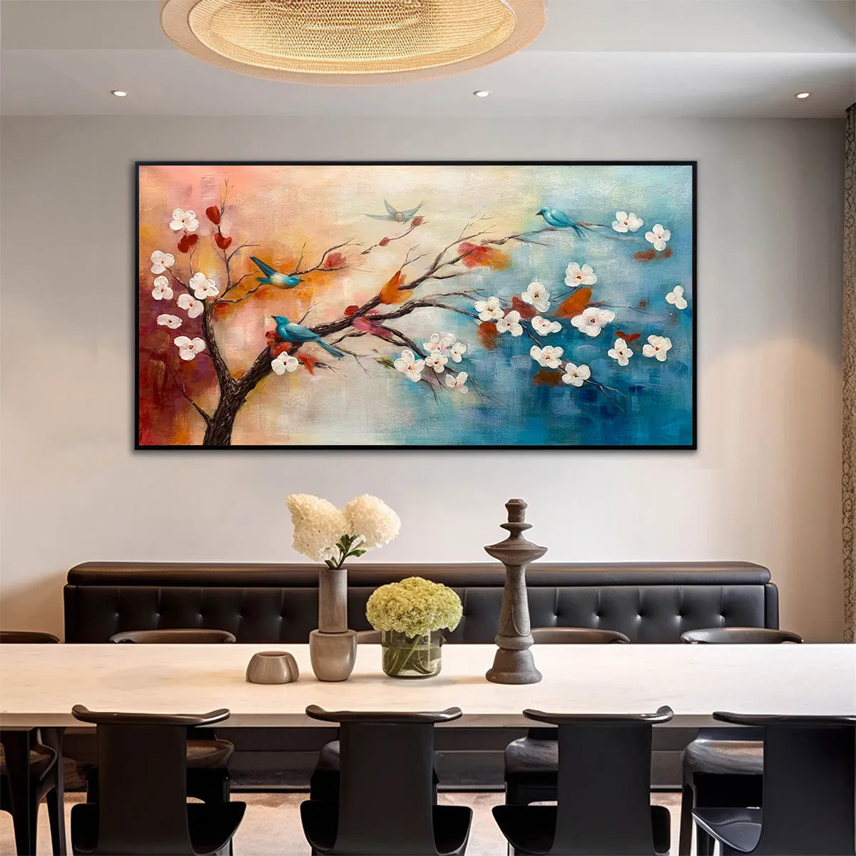 SPRING MELODY: Panoramic Blossom Tree Painting with Colorful Birds