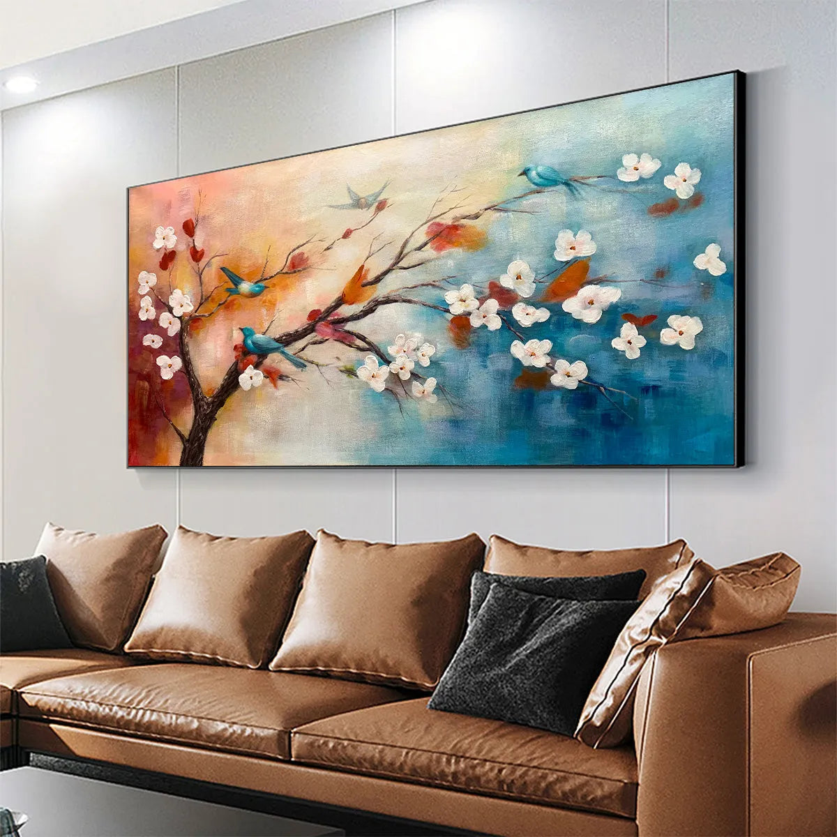 SPRING MELODY: Panoramic Blossom Tree Painting with Colorful Birds