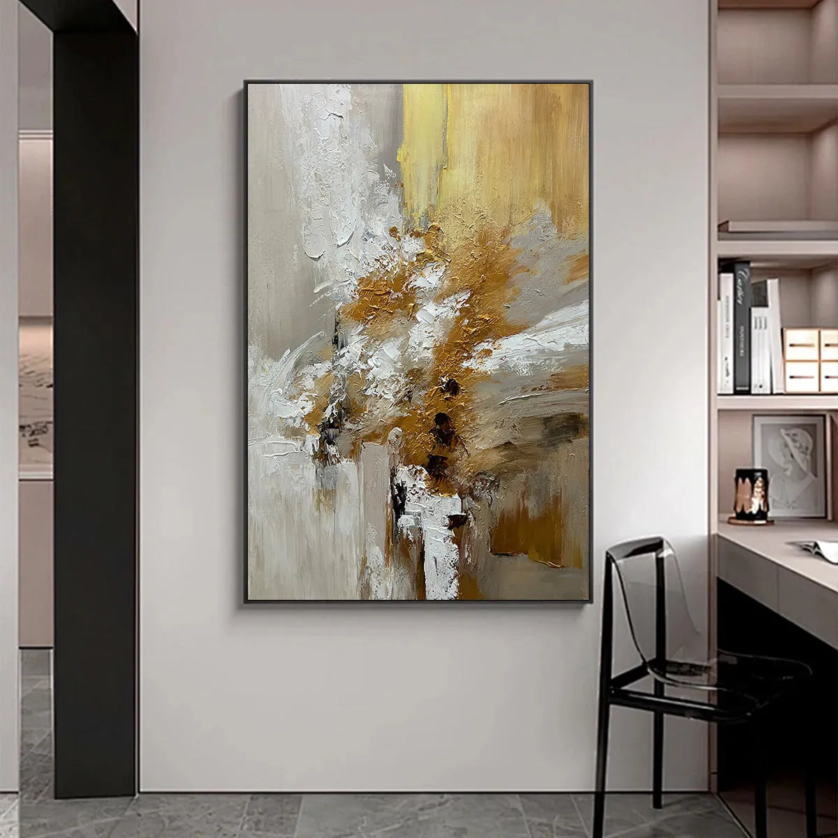 GOLDEN WHISPERS: Textured Abstract Painting in Beige, White, and Gold