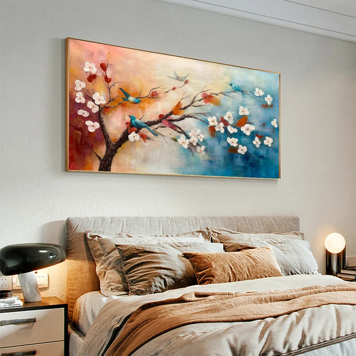 SPRING MELODY: Panoramic Blossom Tree Painting with Colorful Birds