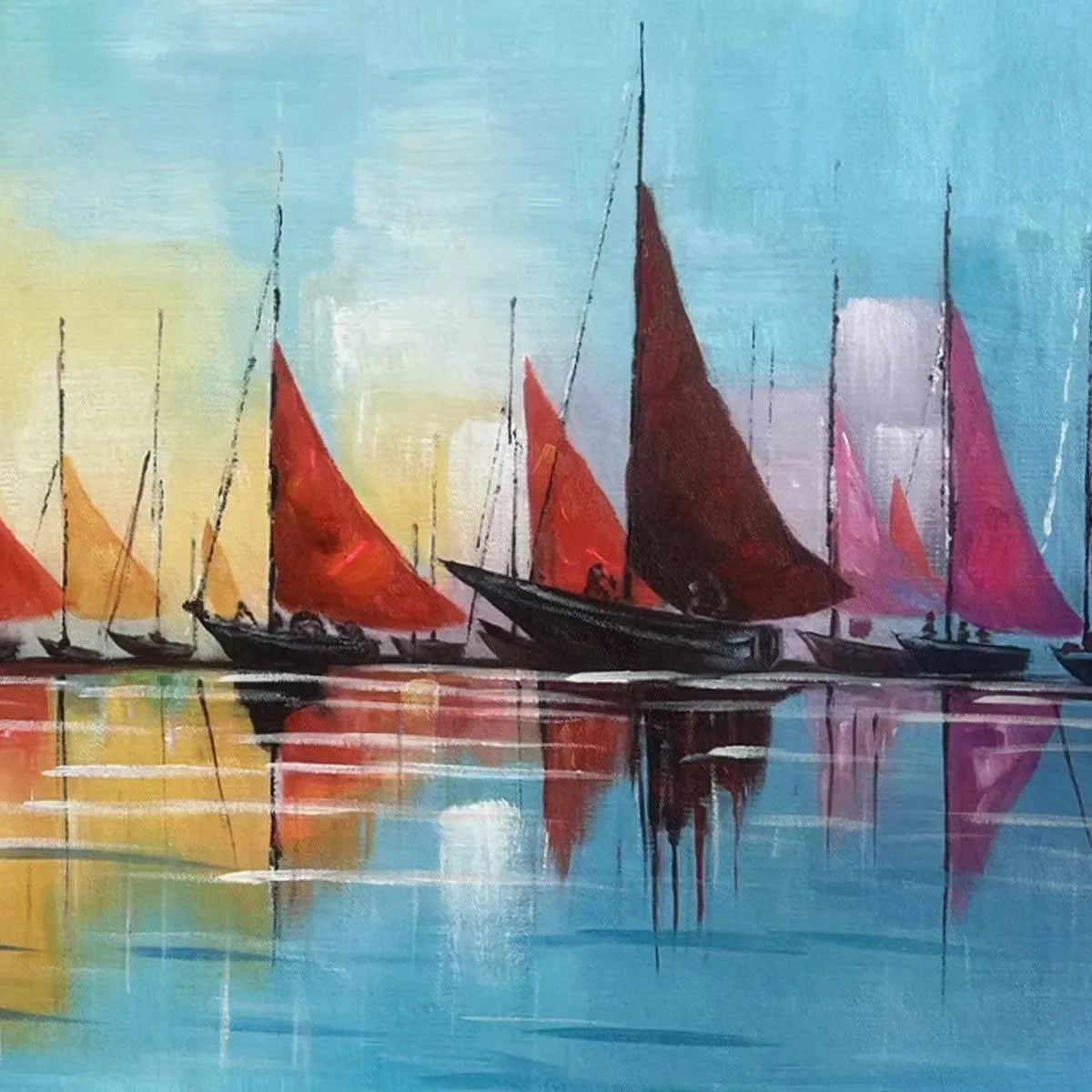 REGATTA: Colorful Sailboats Painting, Blue and Orange Wall Art, Horizontal Canvas, Coastal Decor