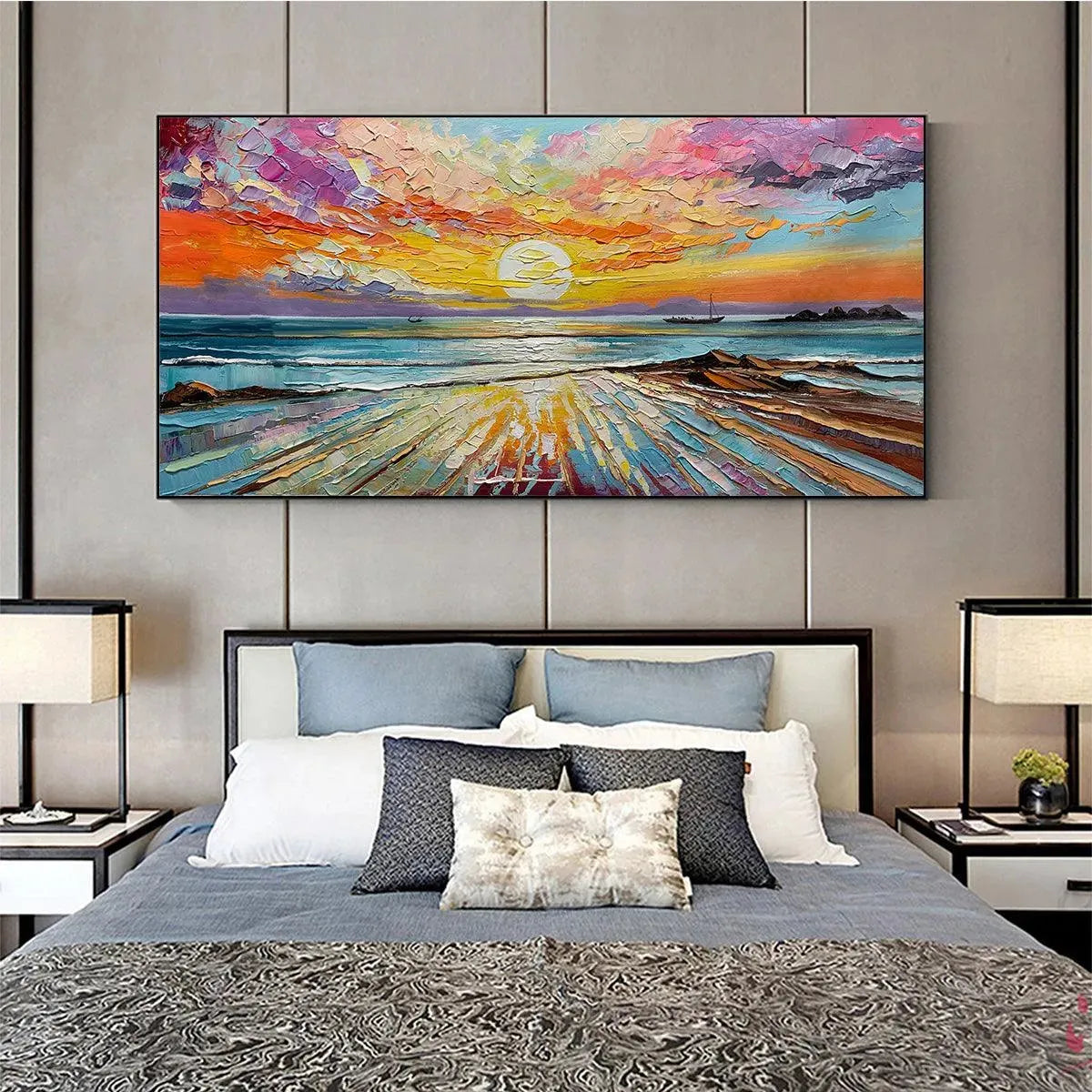 Colorful Seascape Oil Painting - Vibrant Sunset Art