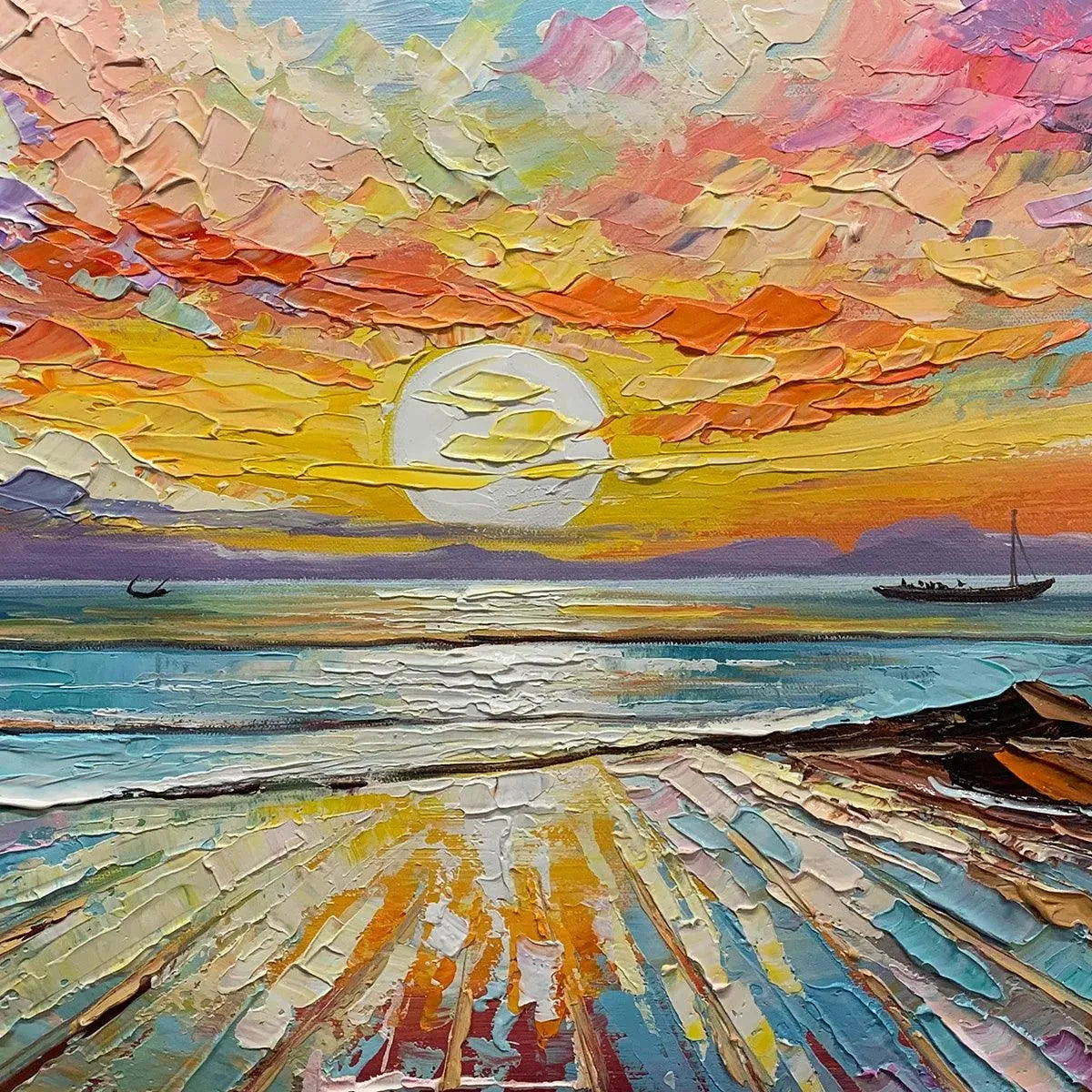 Colorful Seascape Oil Painting - Vibrant Sunset Art