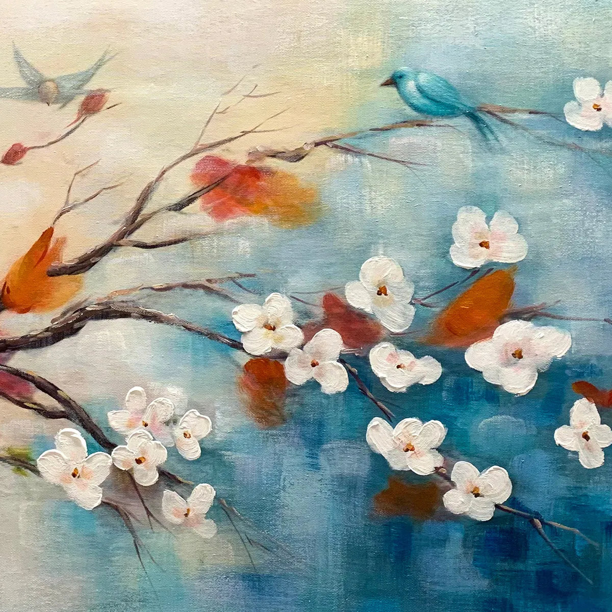 SPRING MELODY: Panoramic Blossom Tree Painting with Colorful Birds