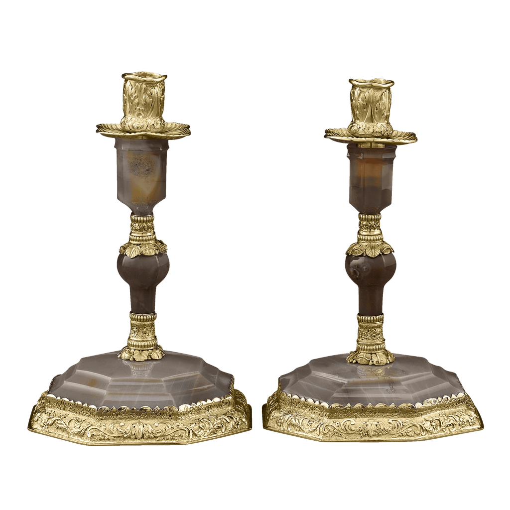 George IV Silver Gilt and Agate Candlesticks by Edward Farrell