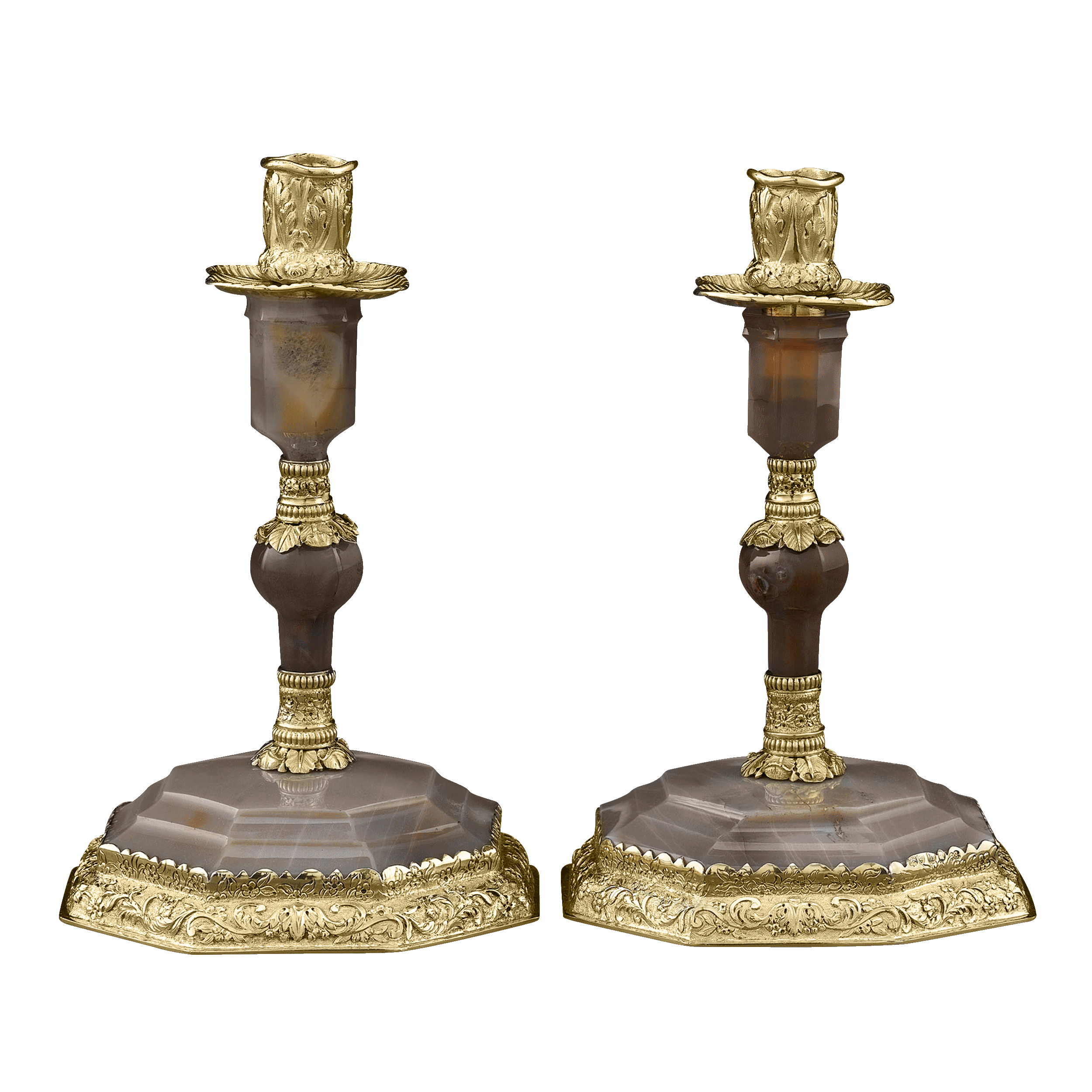 George IV Silver Gilt and Agate Candlesticks by Edward Farrell