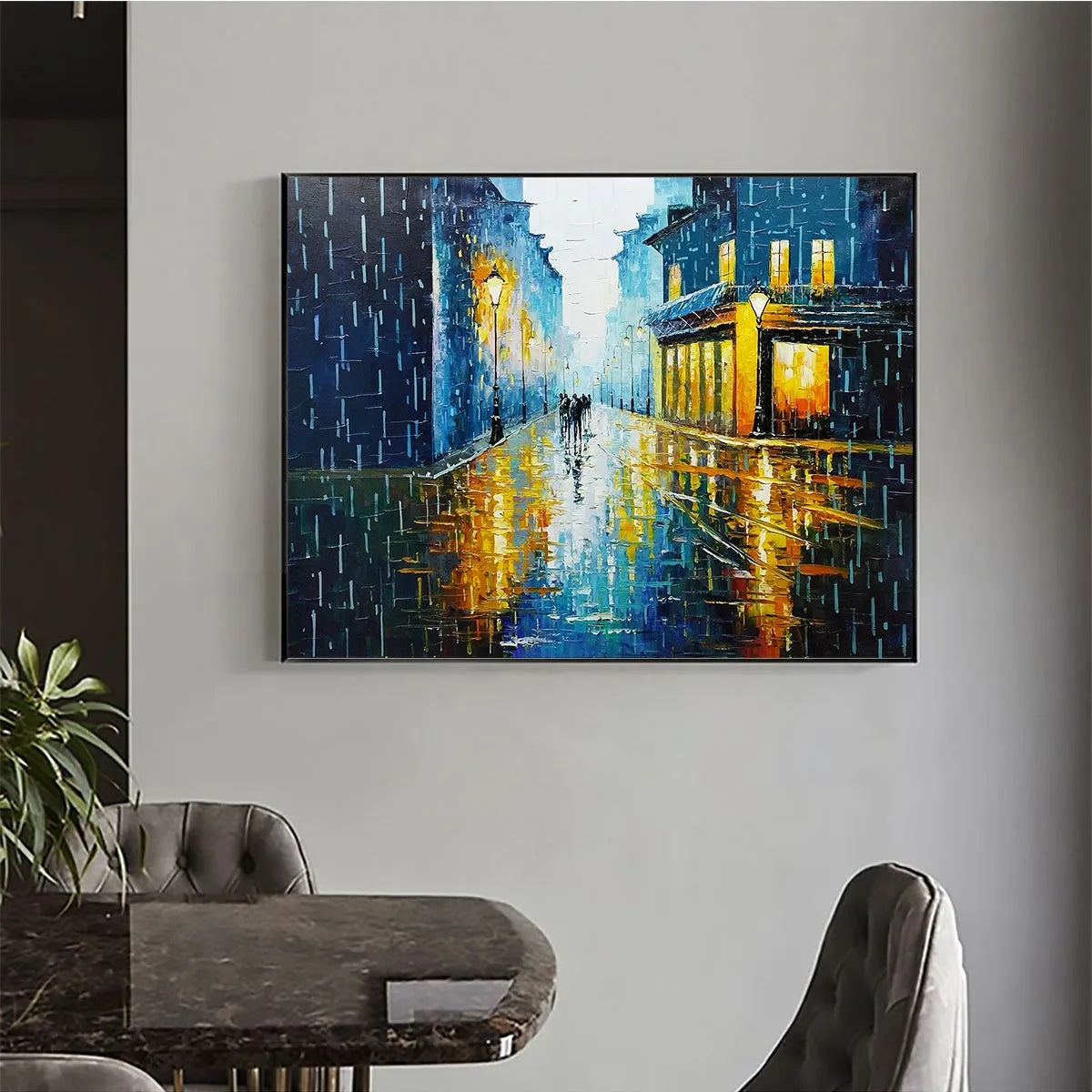 RAINY NIGHT IN PARIS: Textured Cityscape Painting, Rainy Street Scene, Blue, Living Room, Dining Room, Office