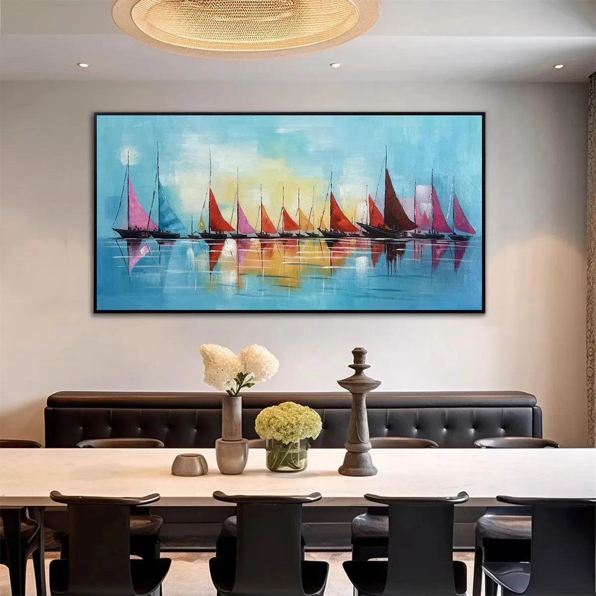 REGATTA: Colorful Sailboats Painting, Blue and Orange Wall Art, Horizontal Canvas, Coastal Decor
