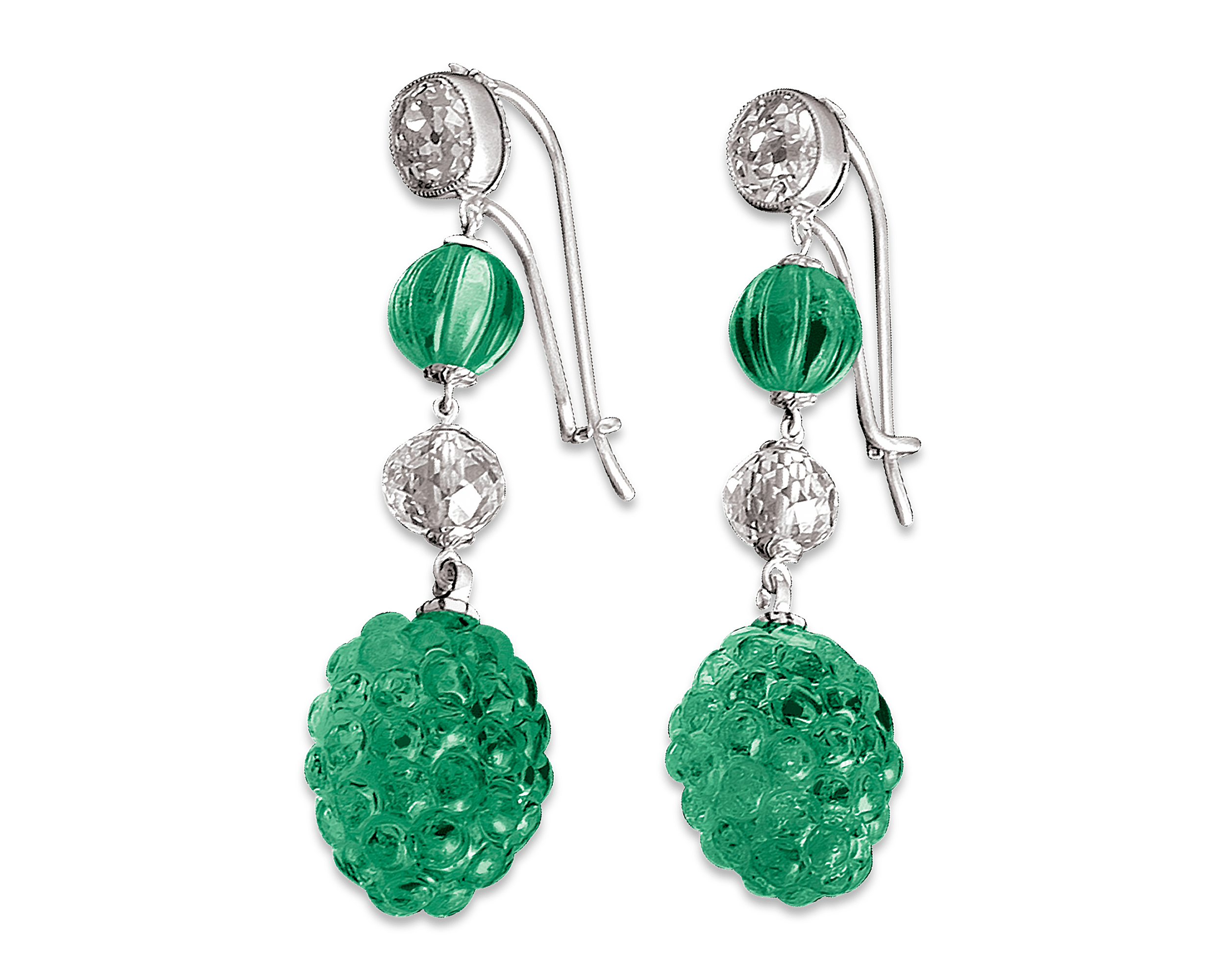 Carved Colombian Emerald & Diamond Earrings, 19.17 Carats