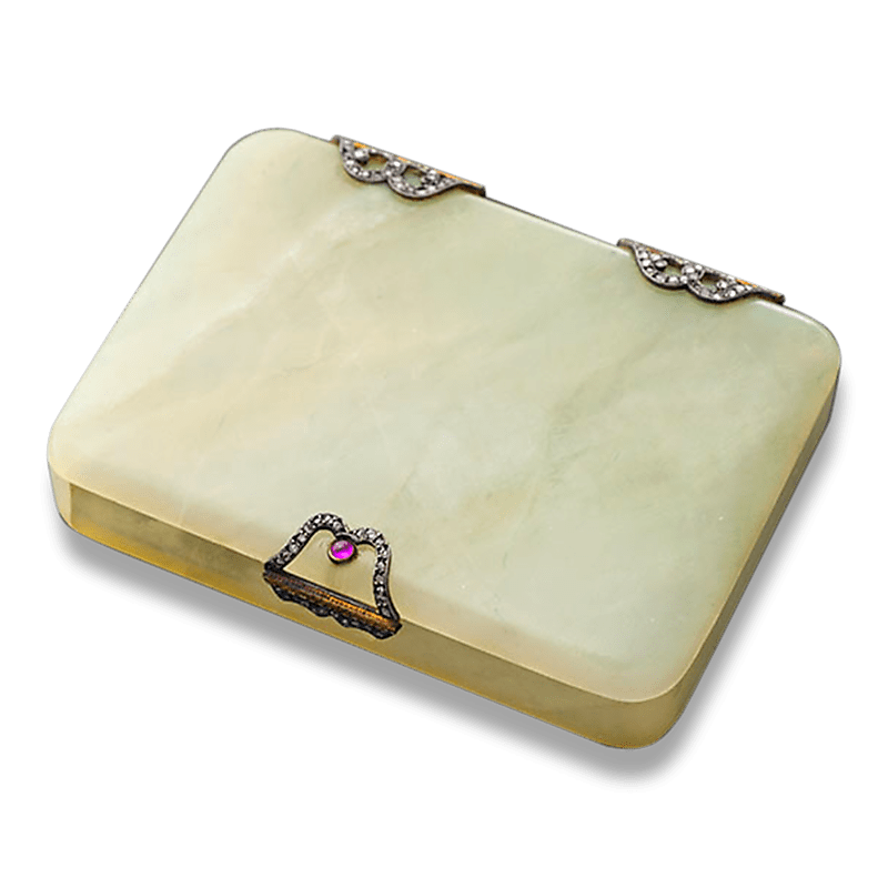 Carved Bowenite, Ruby and Diamond Box