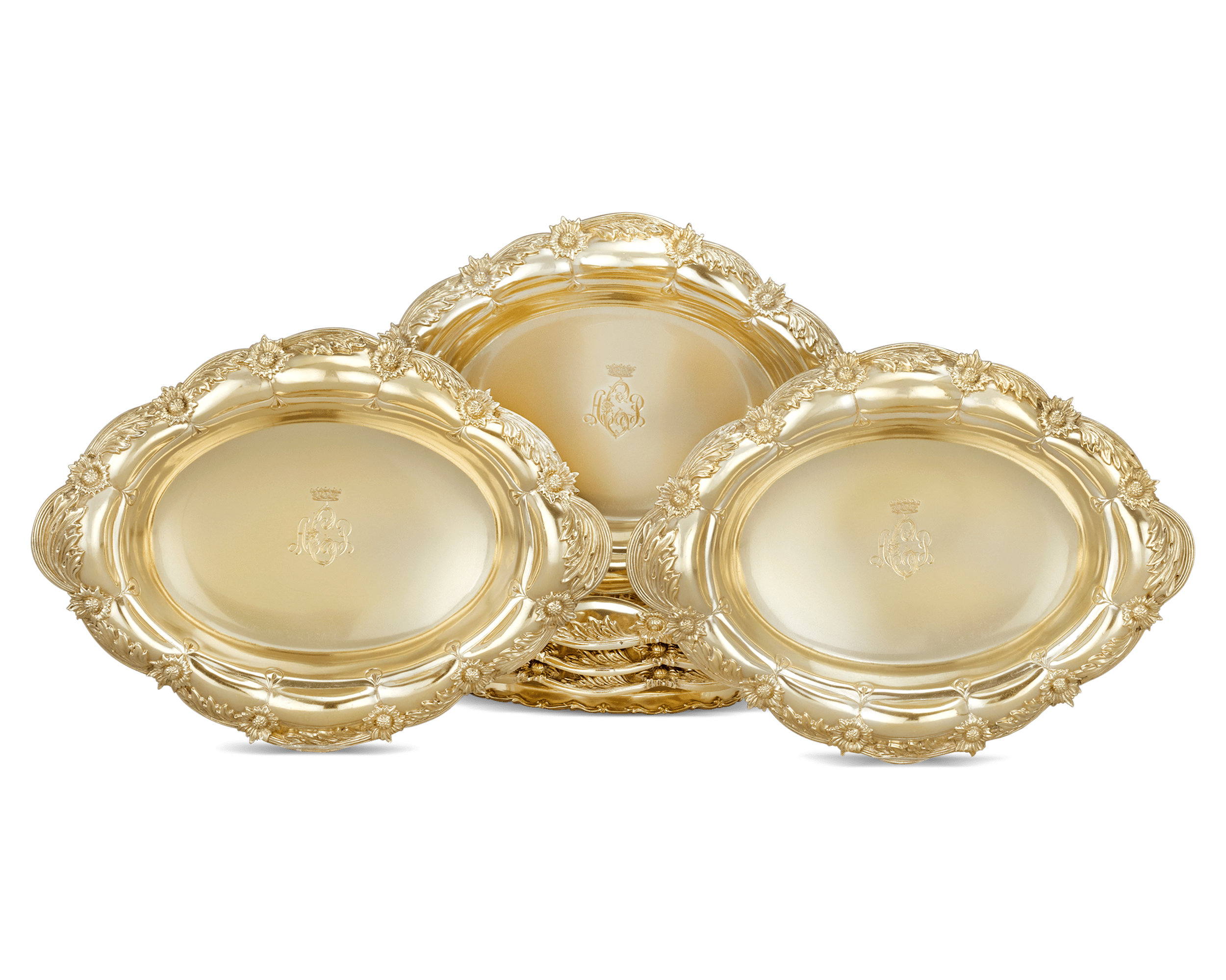 Tiffany & Co. Chrysanthemum Silver Gilt Oval Bowls, Set of 6