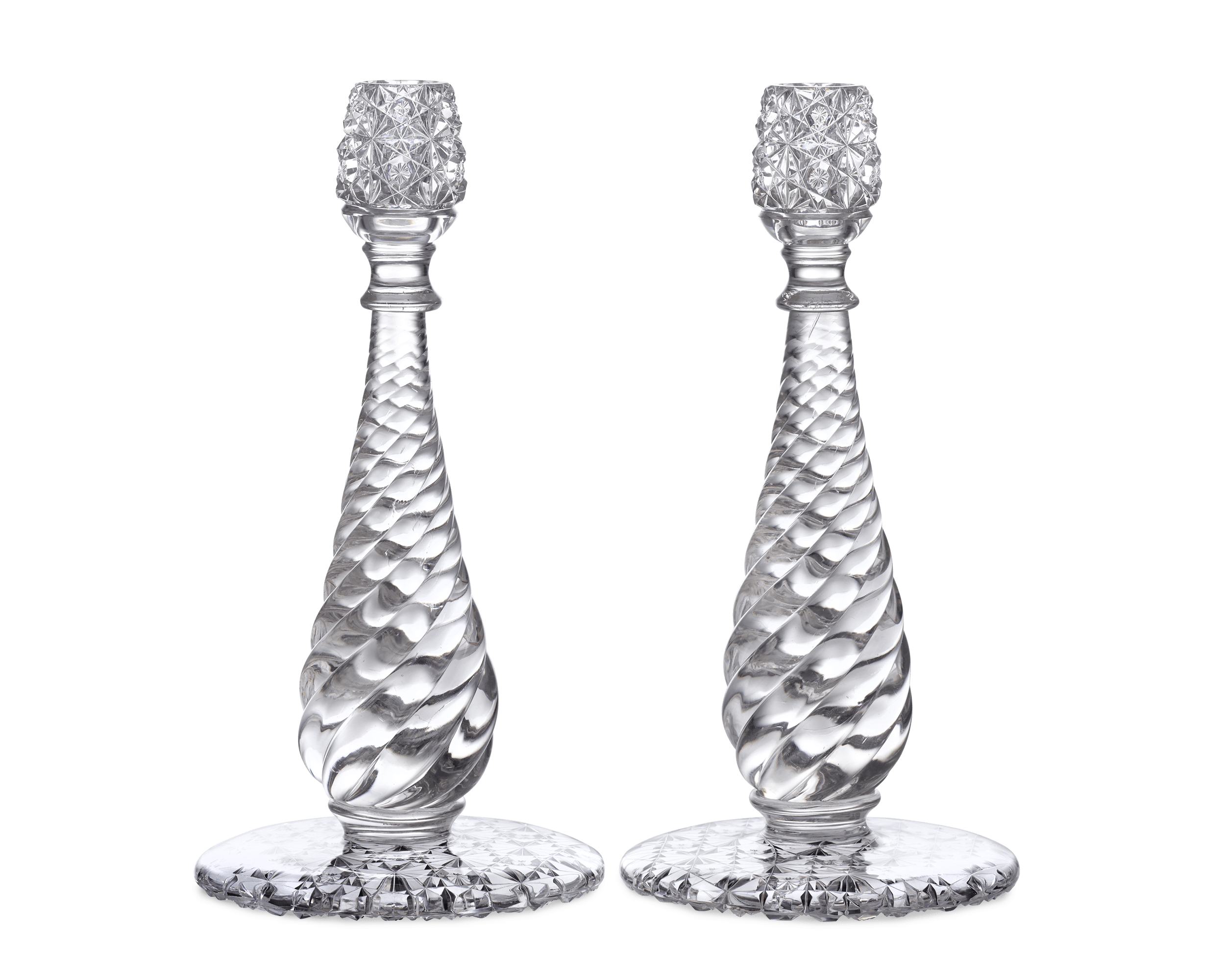 Russian and Swirl Pattern Cut Glass Candlesticks