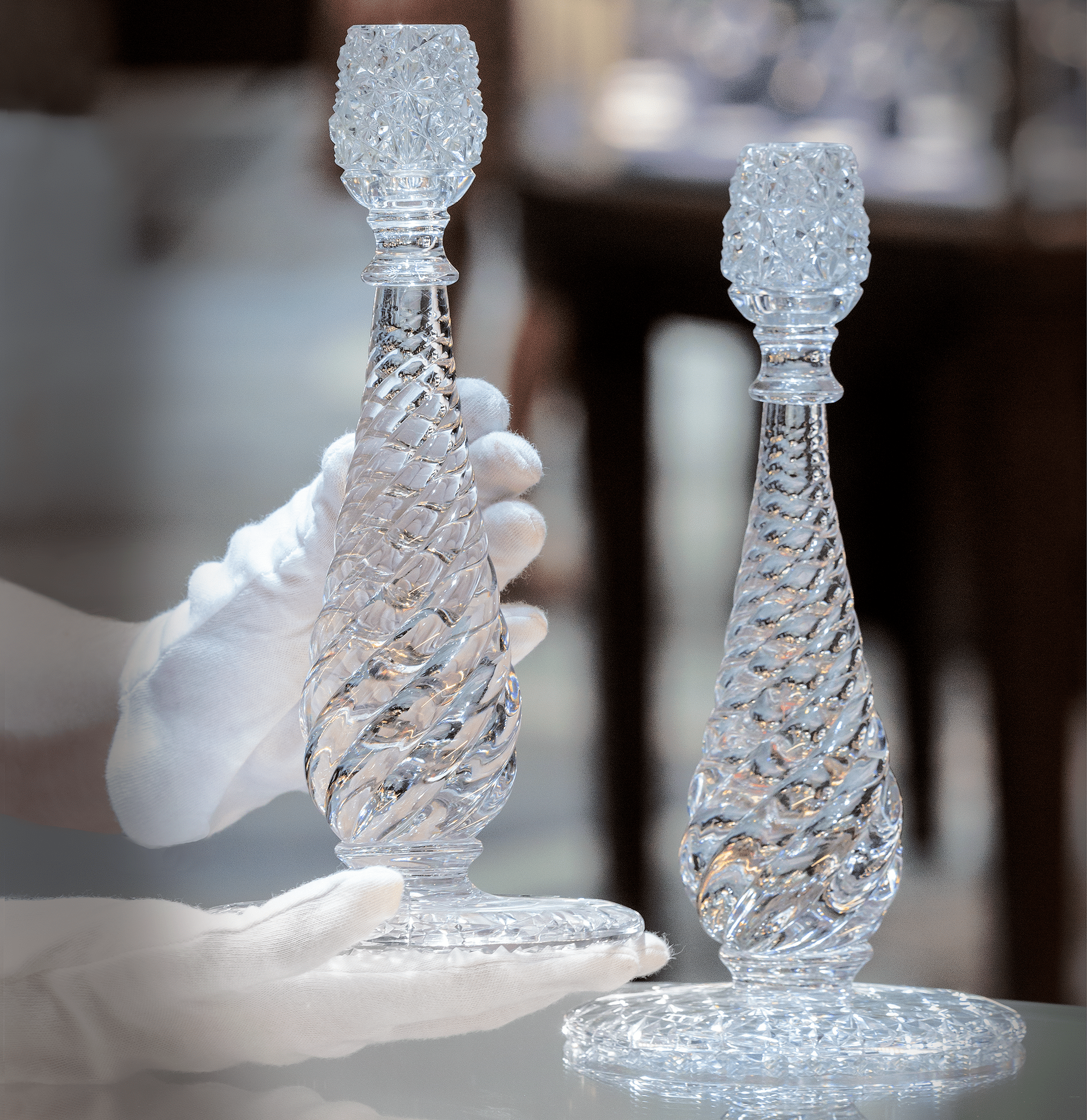 Russian and Swirl Pattern Cut Glass Candlesticks