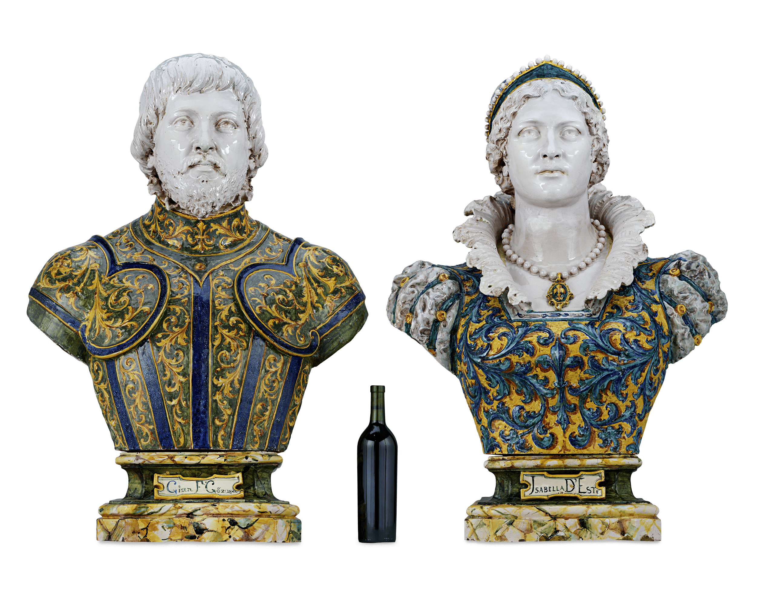 Isabella d'Este and Francesco II Gonzaga Majolica Busts by Angelo Minghetti