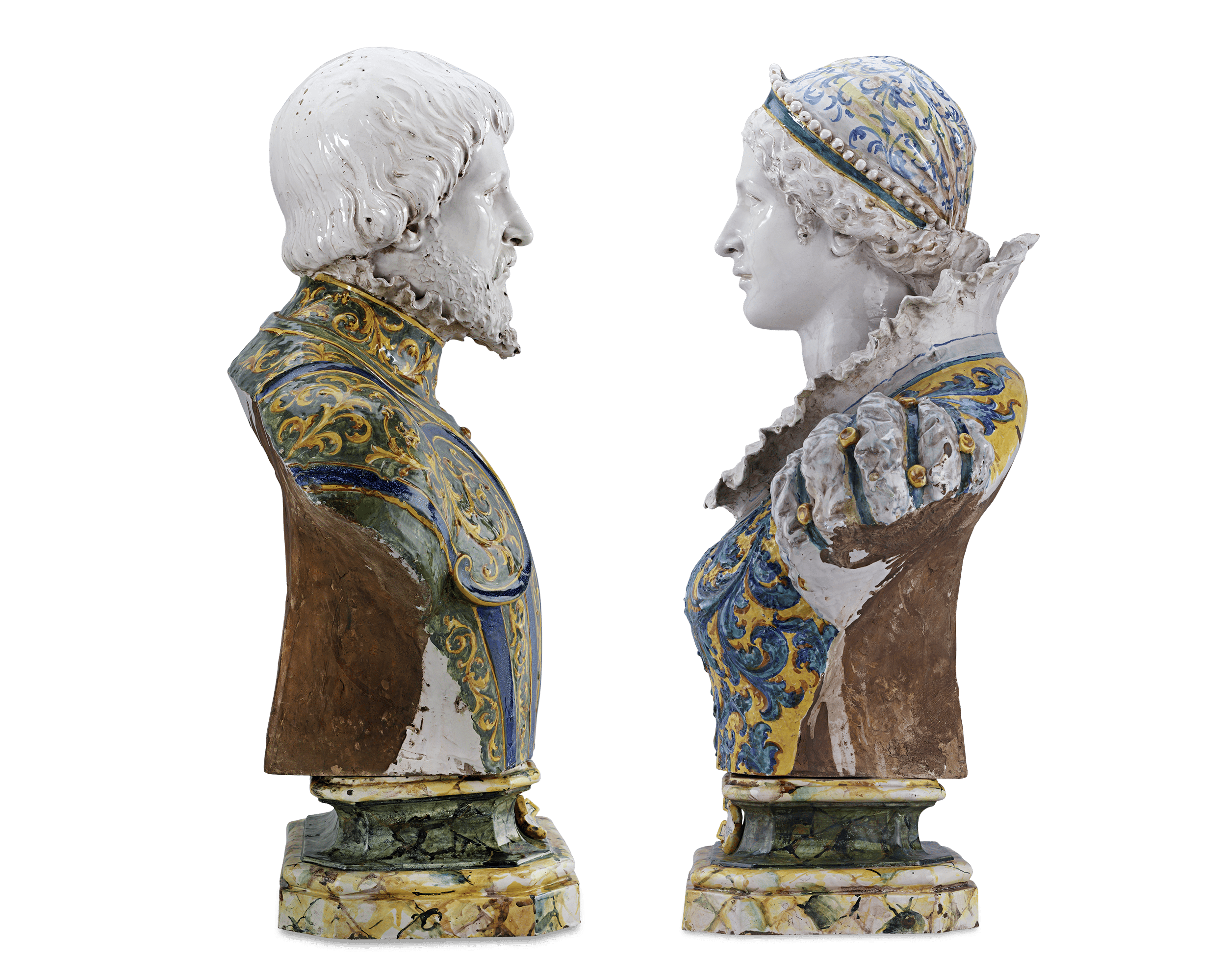 Isabella d'Este and Francesco II Gonzaga Majolica Busts by Angelo Minghetti