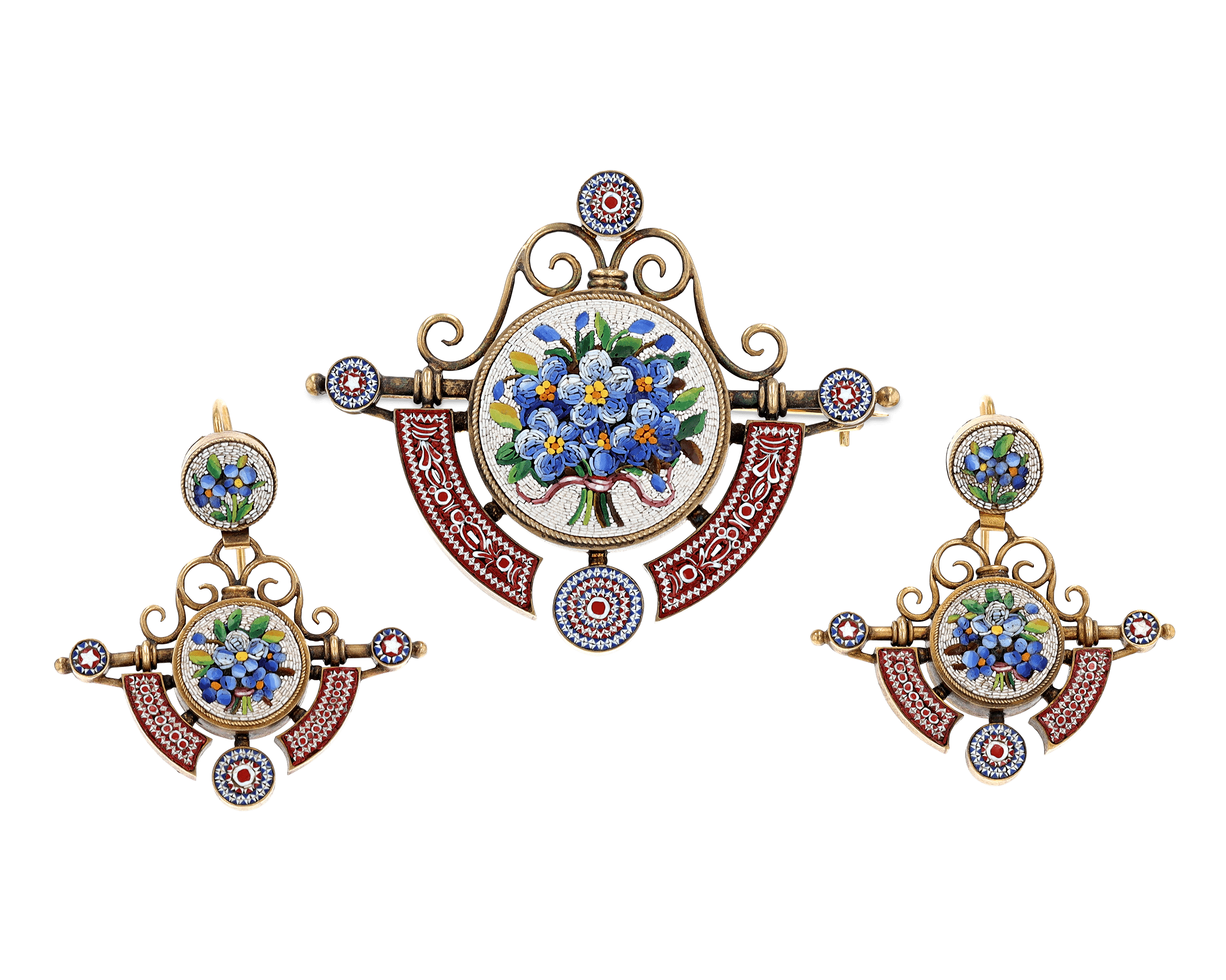 Micromosaic Brooch and Earring Jewelry Suite