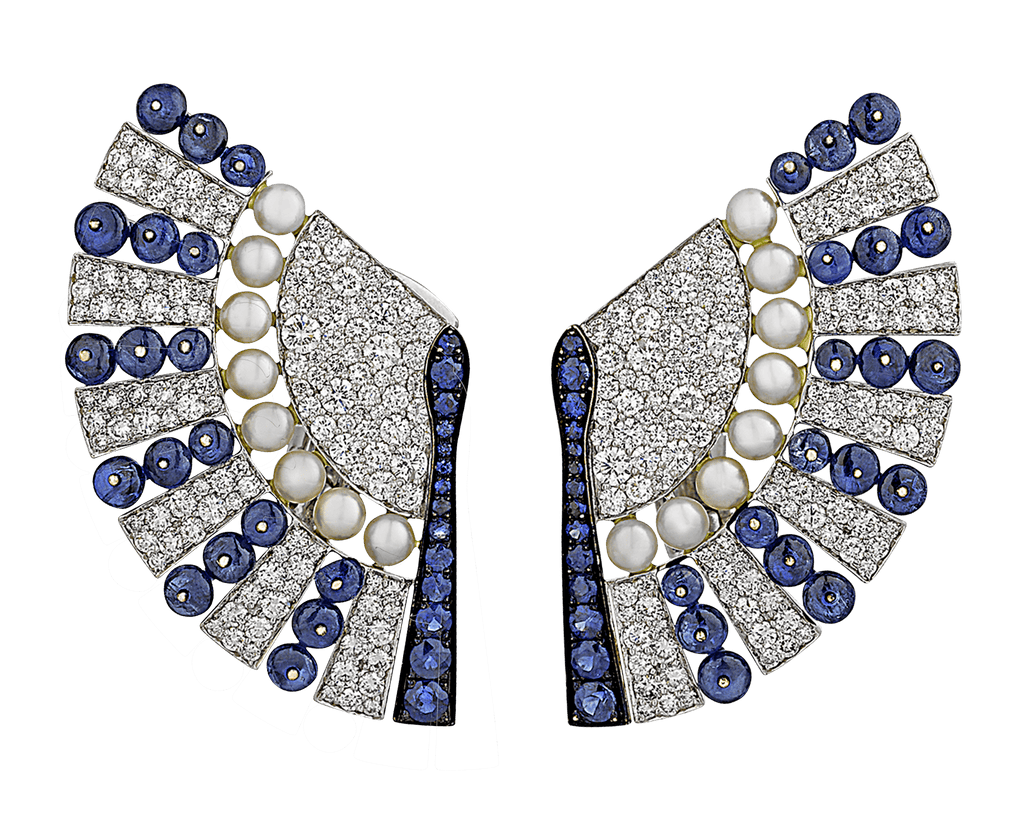 Sapphire, Diamond and Pearl Fan Earrings