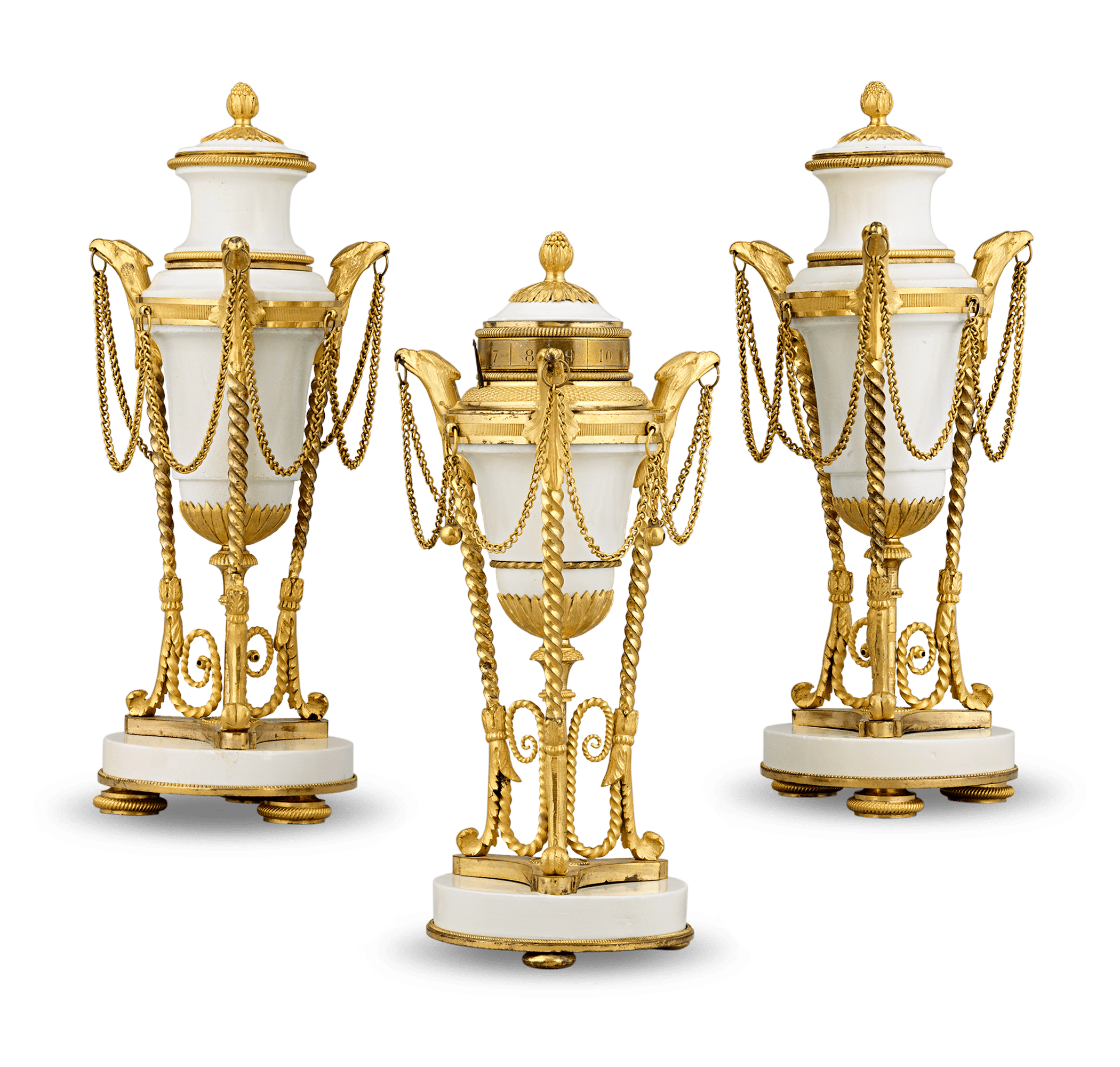 Louis XVI Style Gilt Marble Cassolettes and Clock