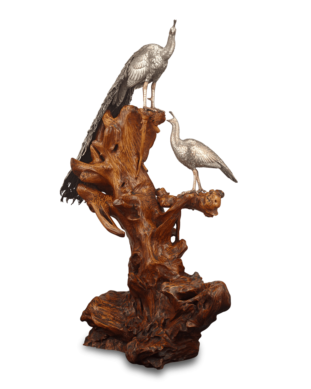 Pair of Meiji Period Bronze Birds on Driftwood Base