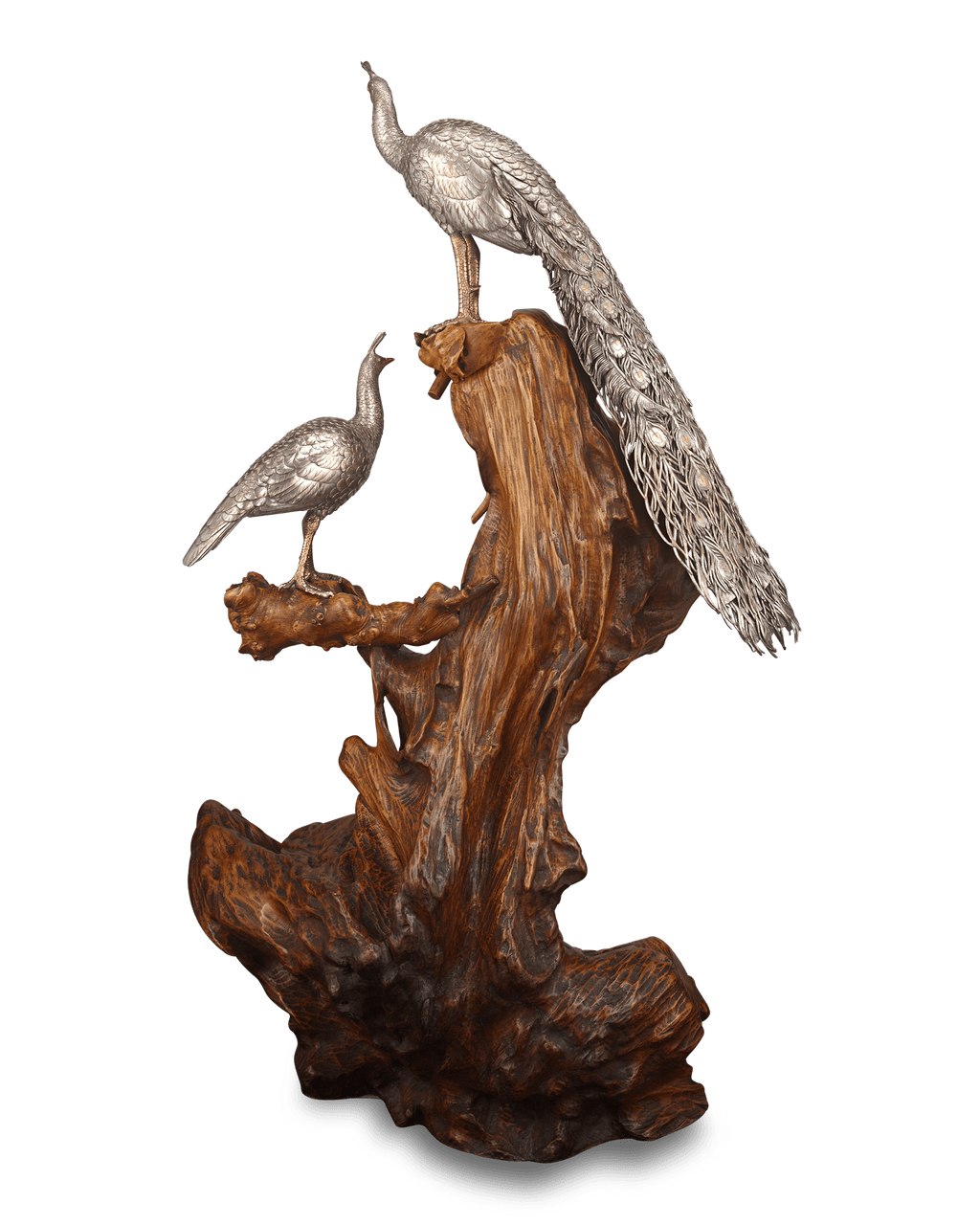 Pair of Meiji Period Bronze Birds on Driftwood Base