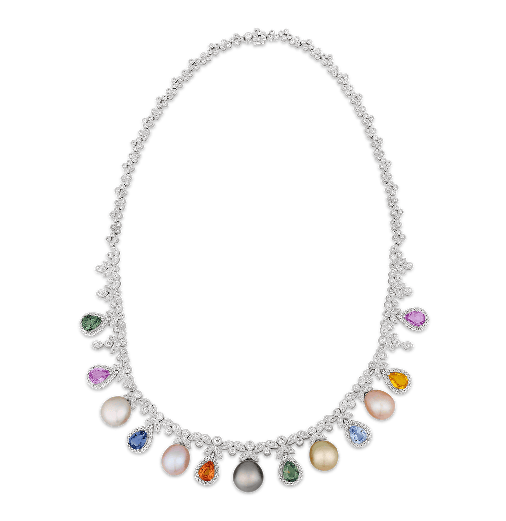 Rainbow Sapphire, Pearl and Diamond Necklace