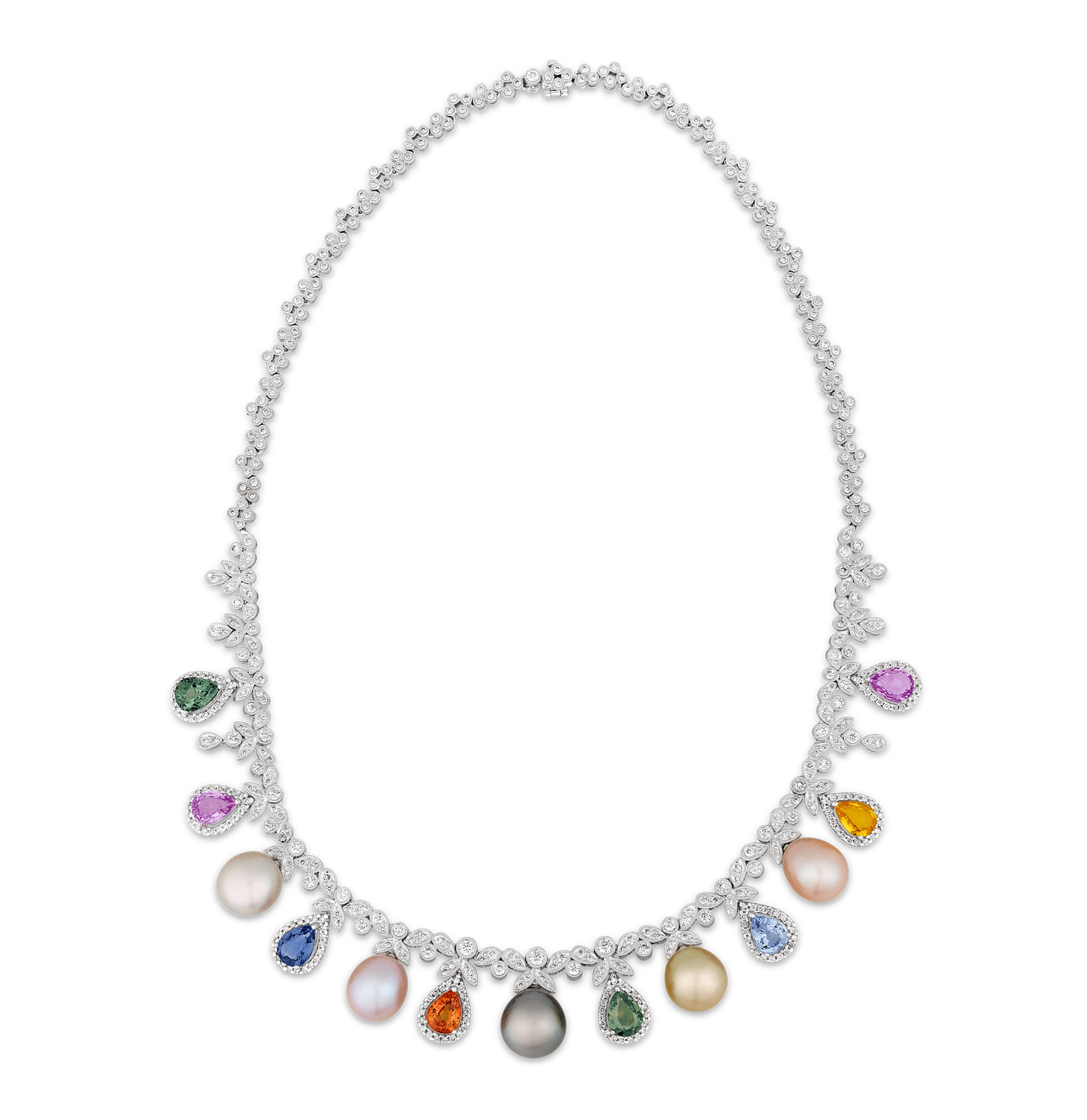 Rainbow Sapphire, Pearl and Diamond Necklace