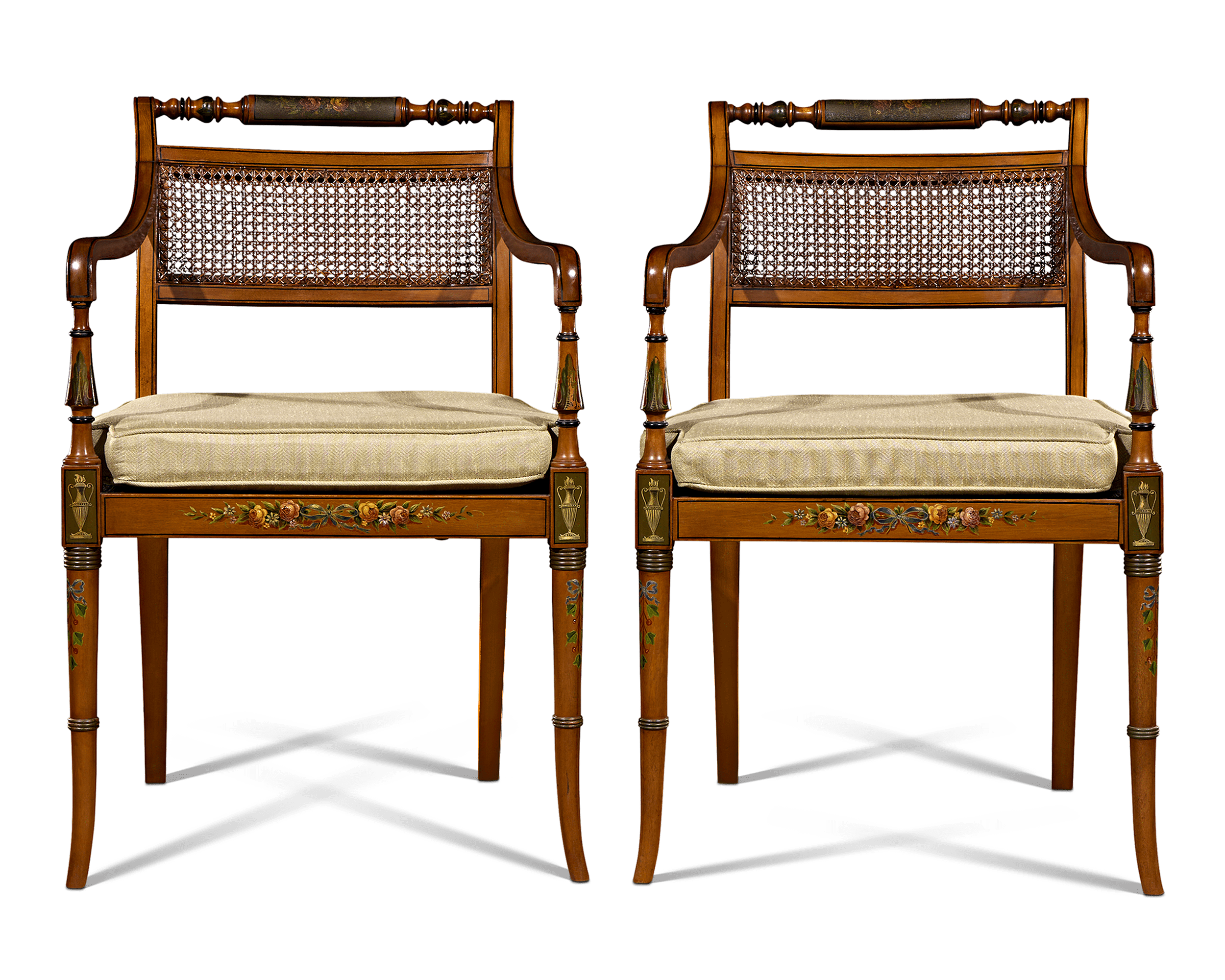 Pair of Edwardian Satinwood Cane Chairs