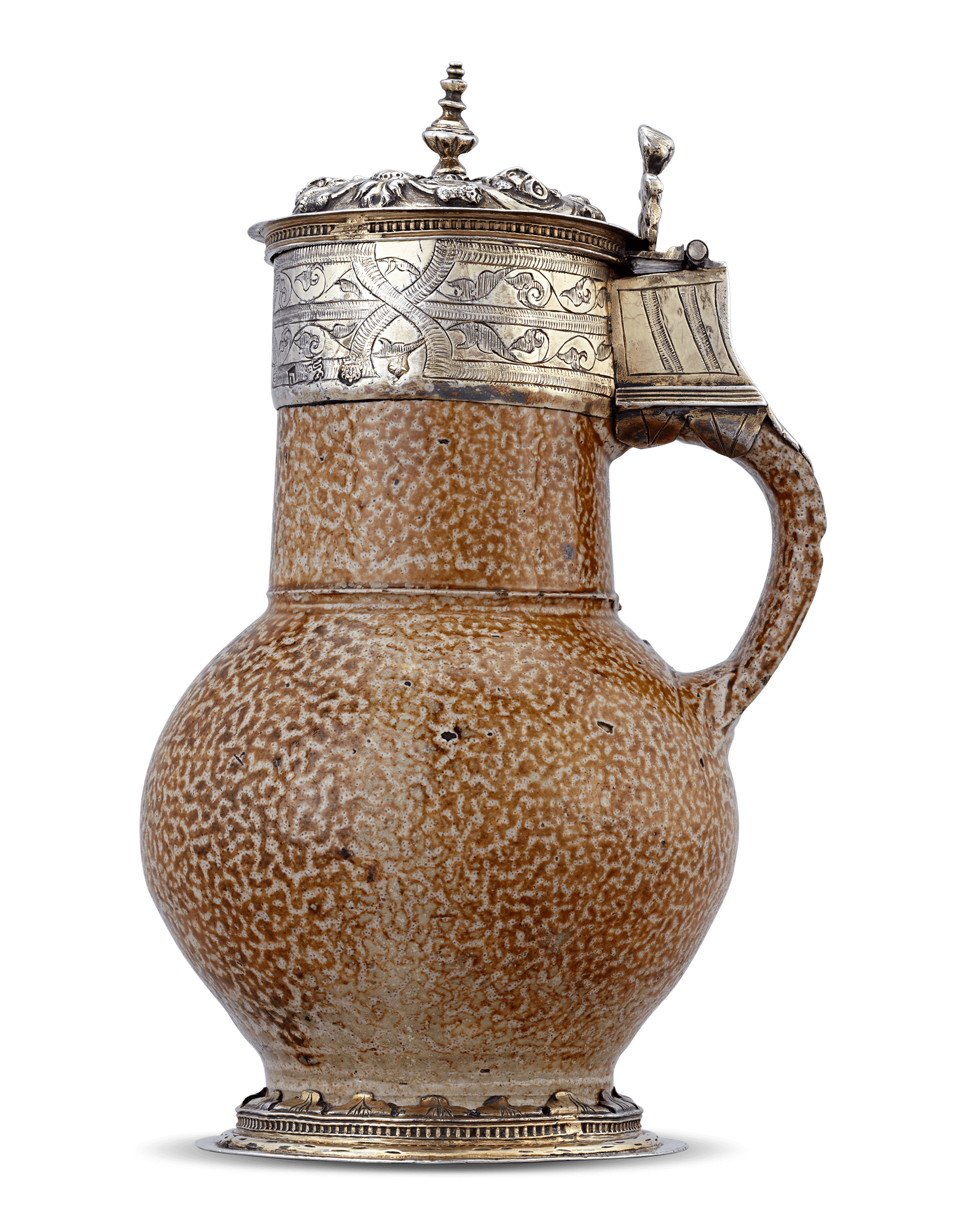 Elizabethan Tigerware Jug with Silver Gilt Mountings, Circa 1560