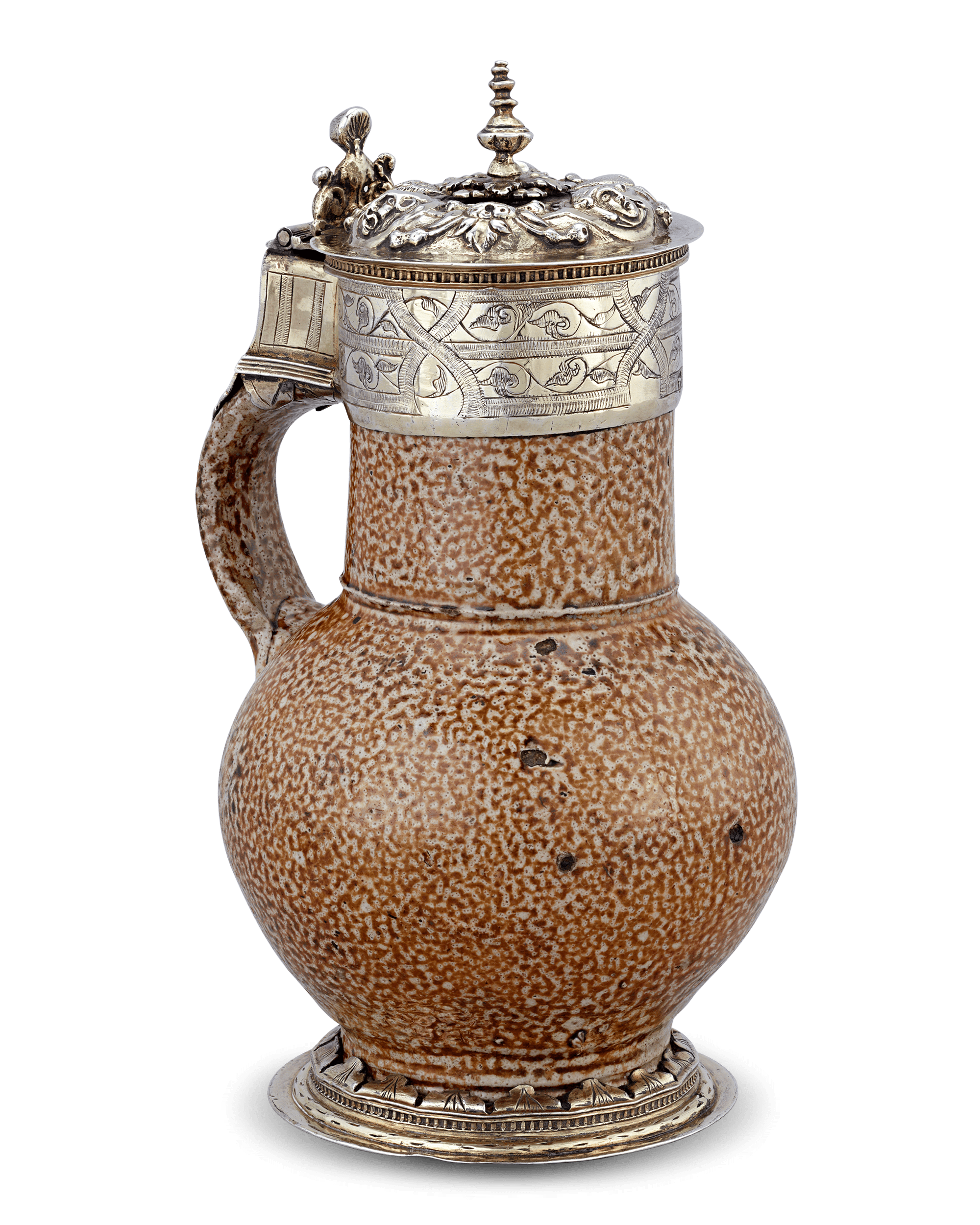 Elizabethan Tigerware Jug with Silver Gilt Mountings, Circa 1560