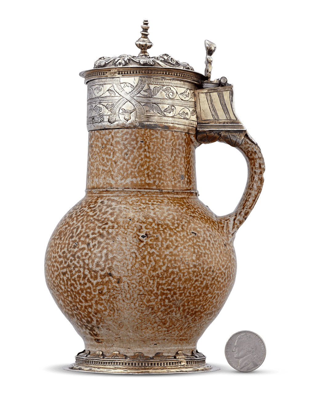 Elizabethan Tigerware Jug with Silver Gilt Mountings, Circa 1560