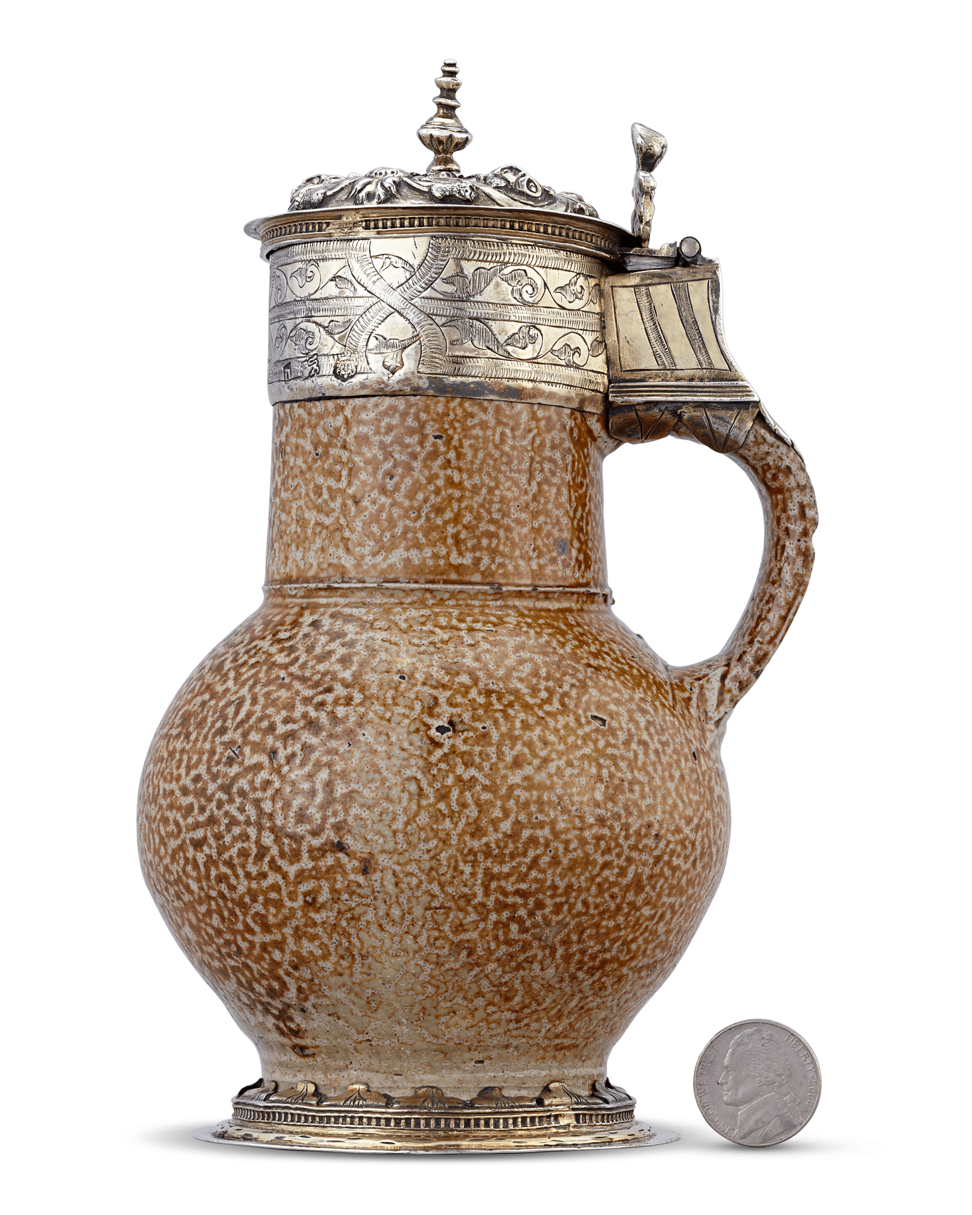 Elizabethan Tigerware Jug with Silver Gilt Mountings, Circa 1560