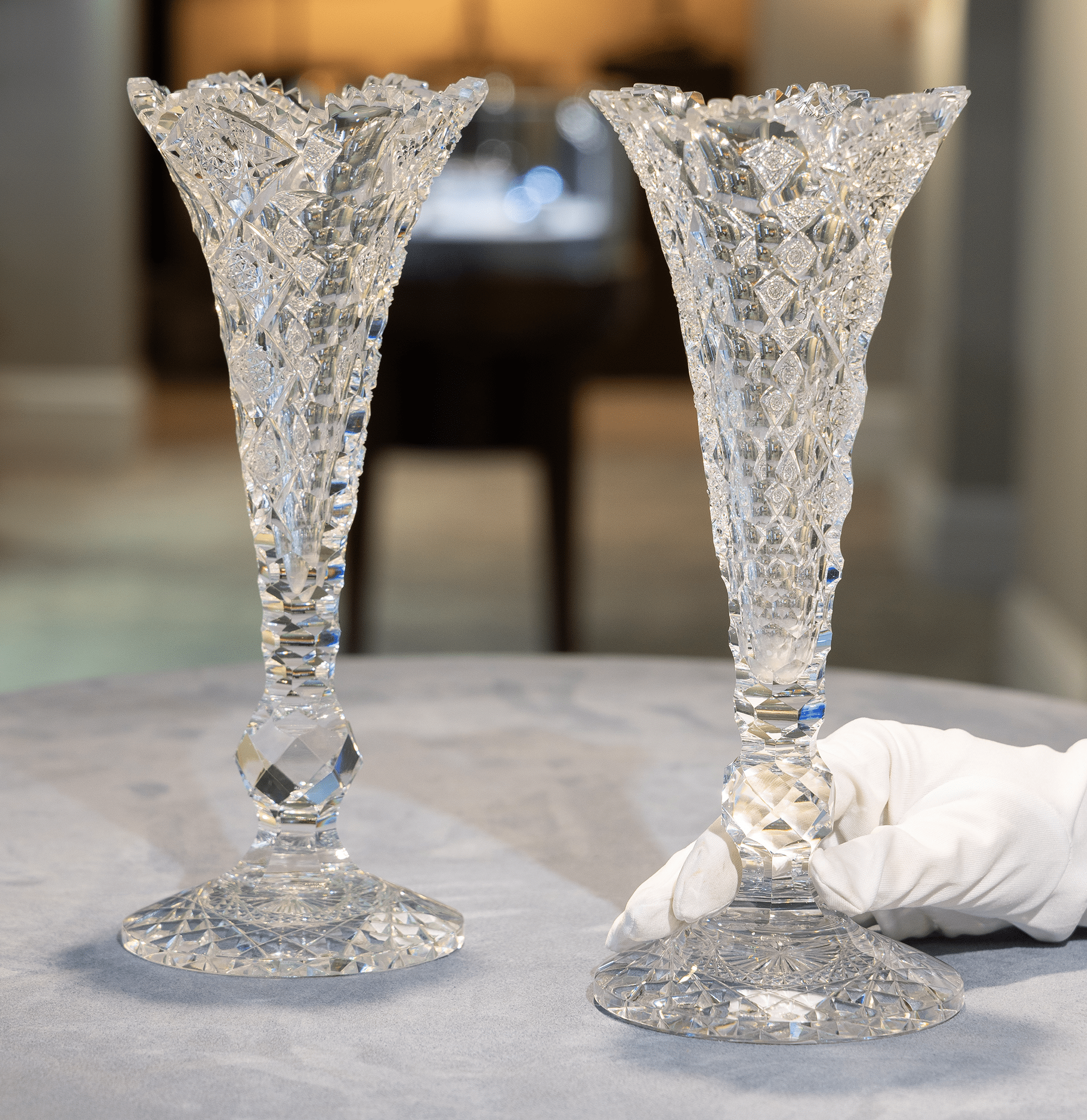 Pair of Queens Pattern Trumpet Vases by Hawkes