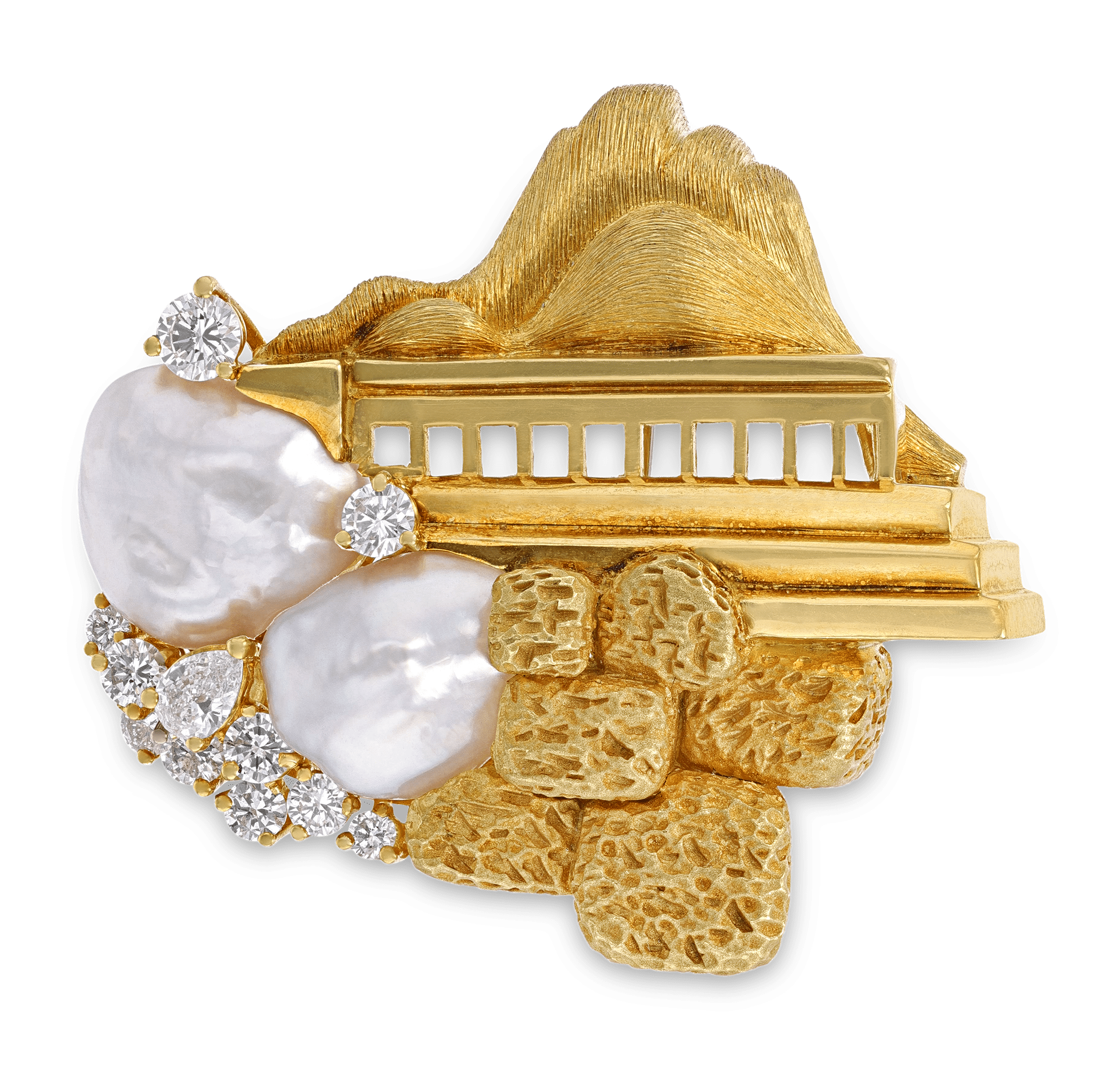 Henry Dunay Pearl and Diamond Sabi Brooch